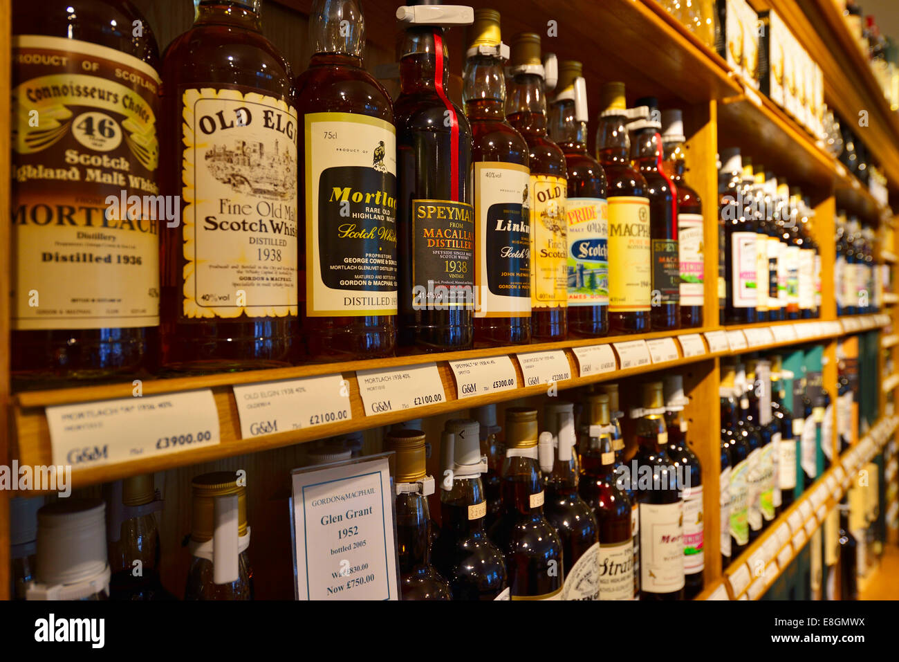 Whisky-Flaschen im Regal, das Hauptquartier der Whisky Abfüller und Distiller Gordon & MacPhail, Elgin, Moray, Grampian Stockfoto