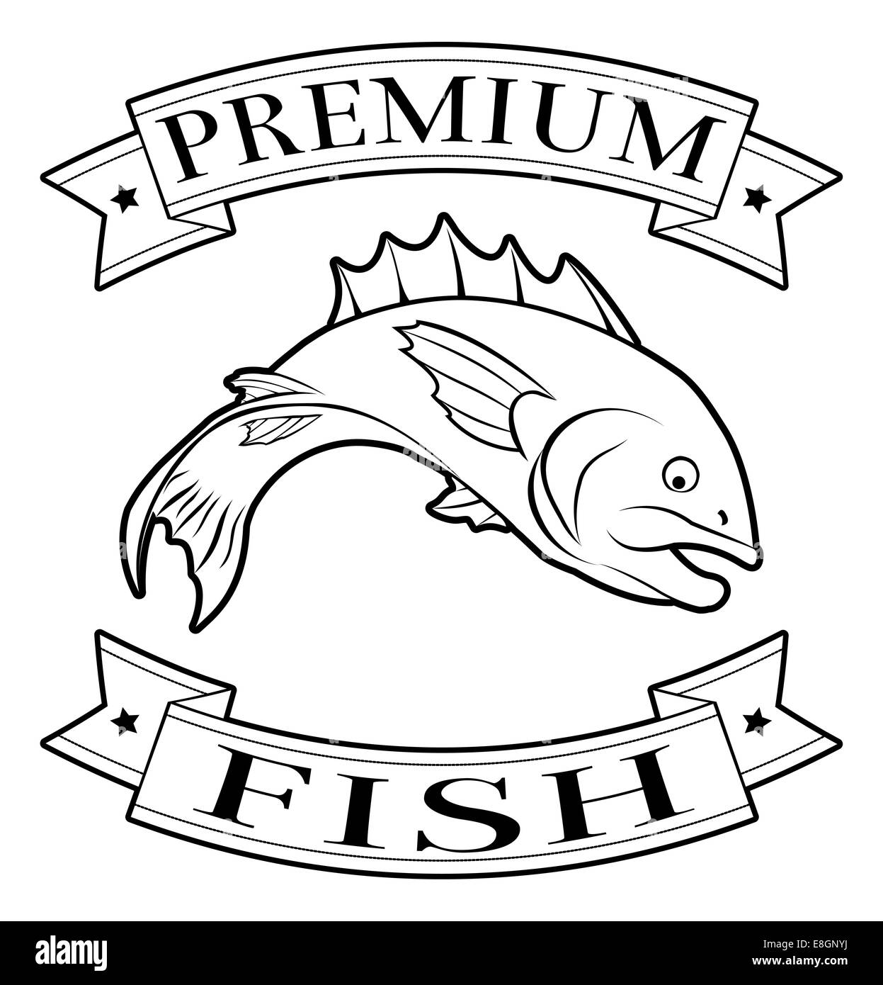 Premium-Fisch-Menü-Symbol eines Fisches und Banner in einem Stempel-Stil Stockfoto