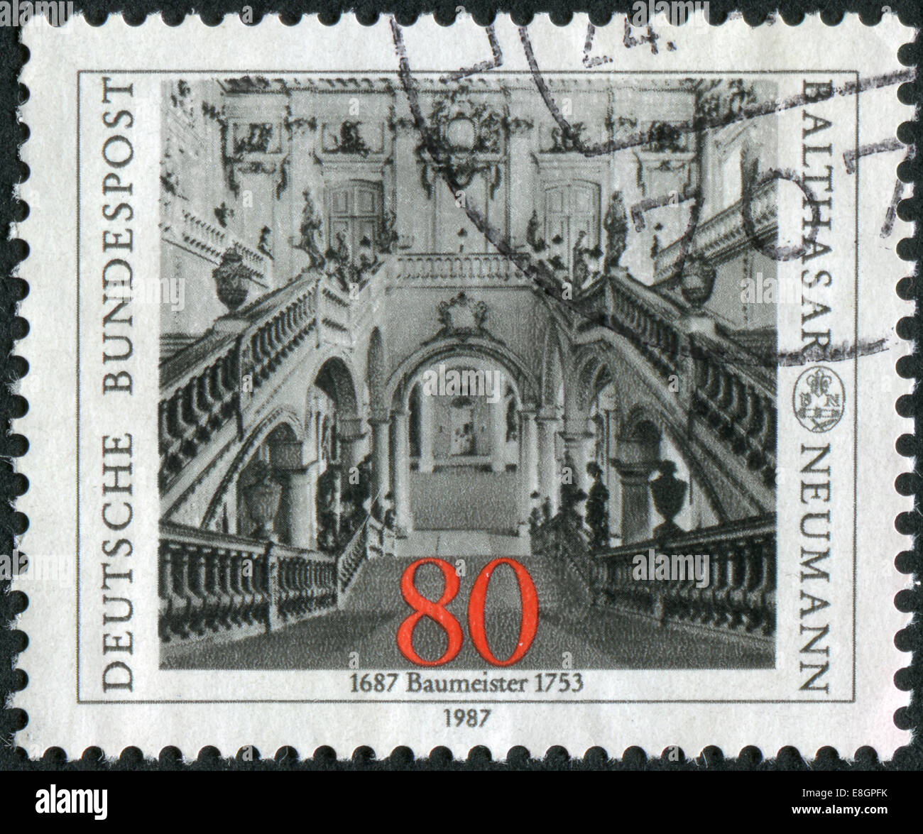 Gedruckt in Deutschland, 300. Geburtstag des Architekten Balthasar Neumann, Briefmarke zeigt erzbischöflichen Residenz in Würzburg Stockfoto