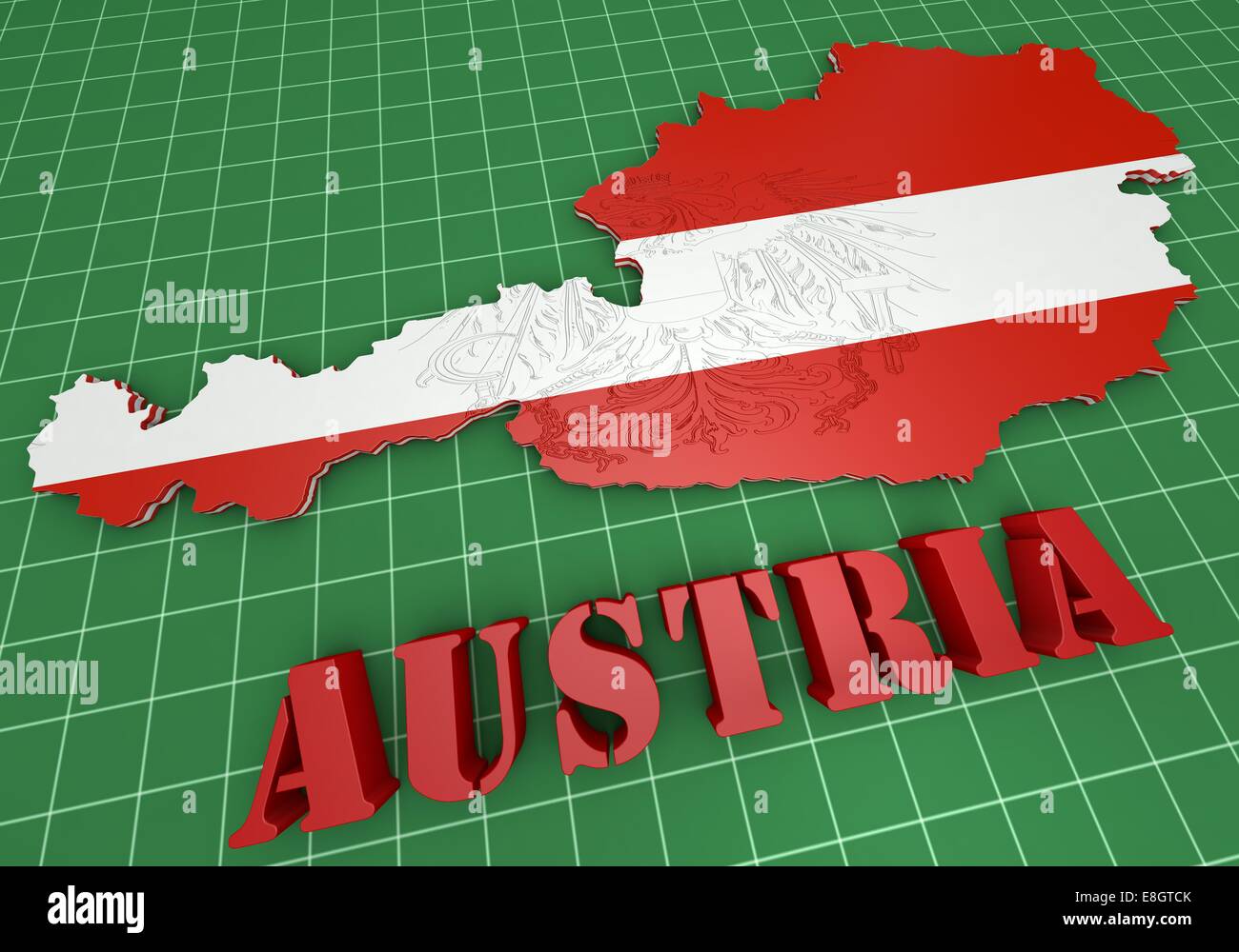 3D Karte Abbildung Österreichs mit Flagge und Wappen Stockfoto