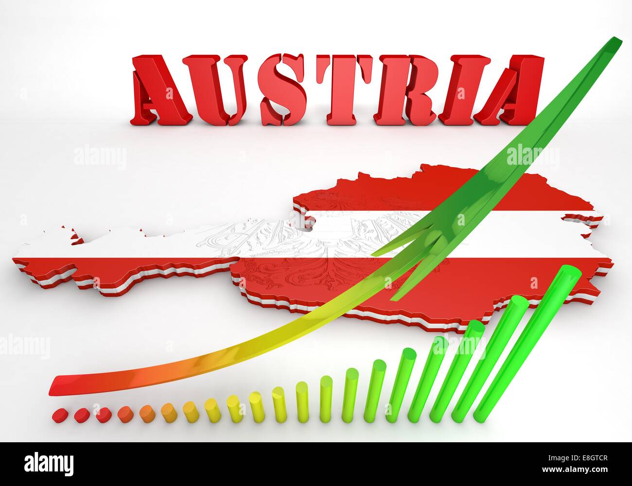 3D Karte Abbildung Österreichs mit Flagge und Wappen Stockfoto