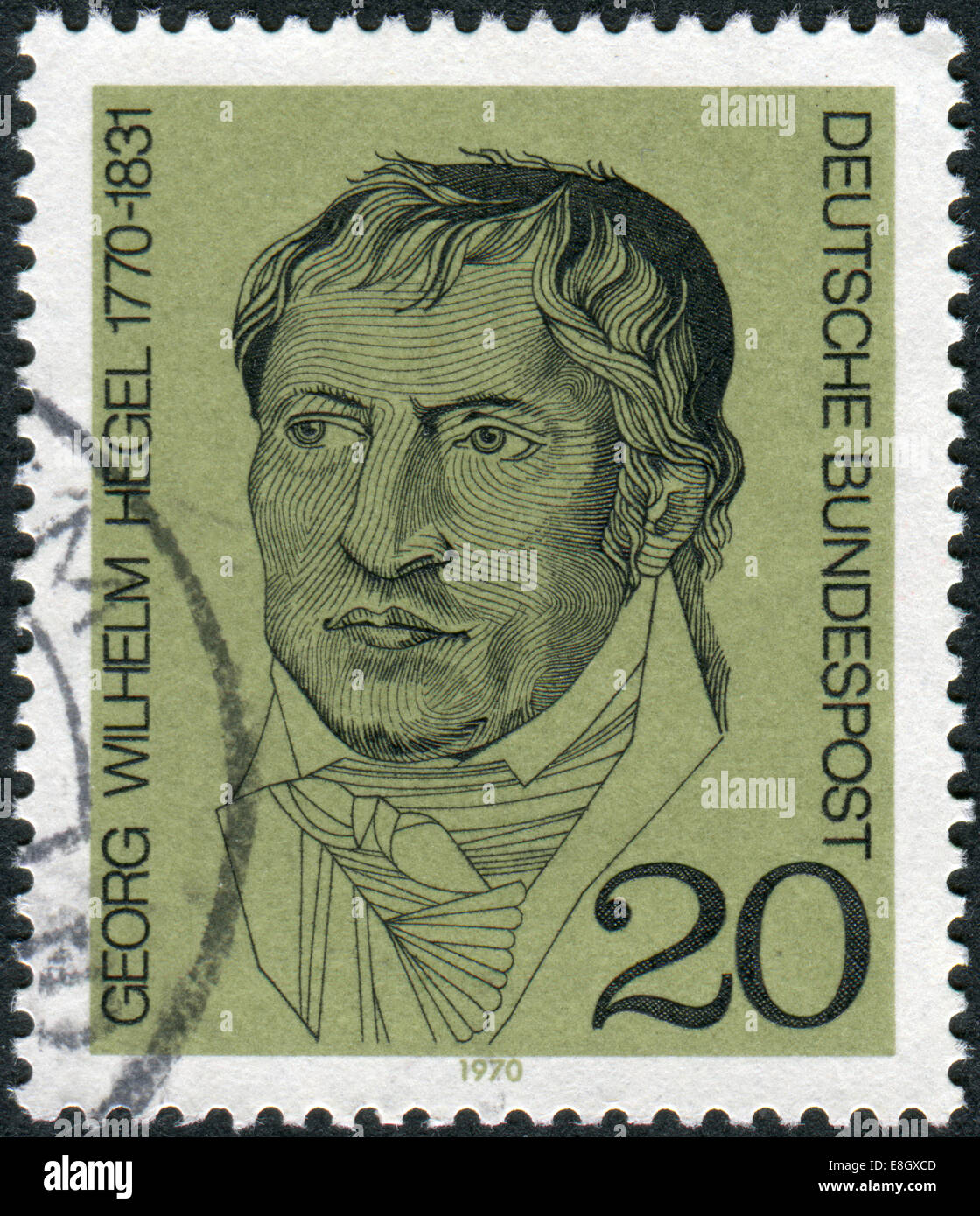 Briefmarke gedruckt in Deutschland, zeigt ein deutscher Philosoph und wichtige Figur im deutschen Idealismus, Georg Wilhelm Friedrich Hegel Stockfoto