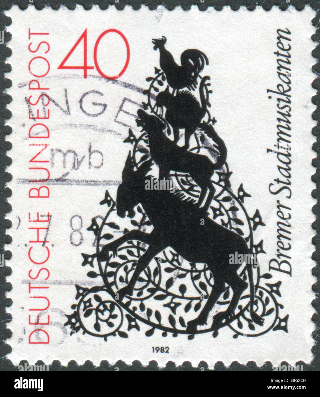 Deutschland - CIRCA 1982: Briefmarke gedruckt in Deutschland, zeigt Abbildung von The Town Band Bremen (Märchen), ca. 1982 Stockfoto