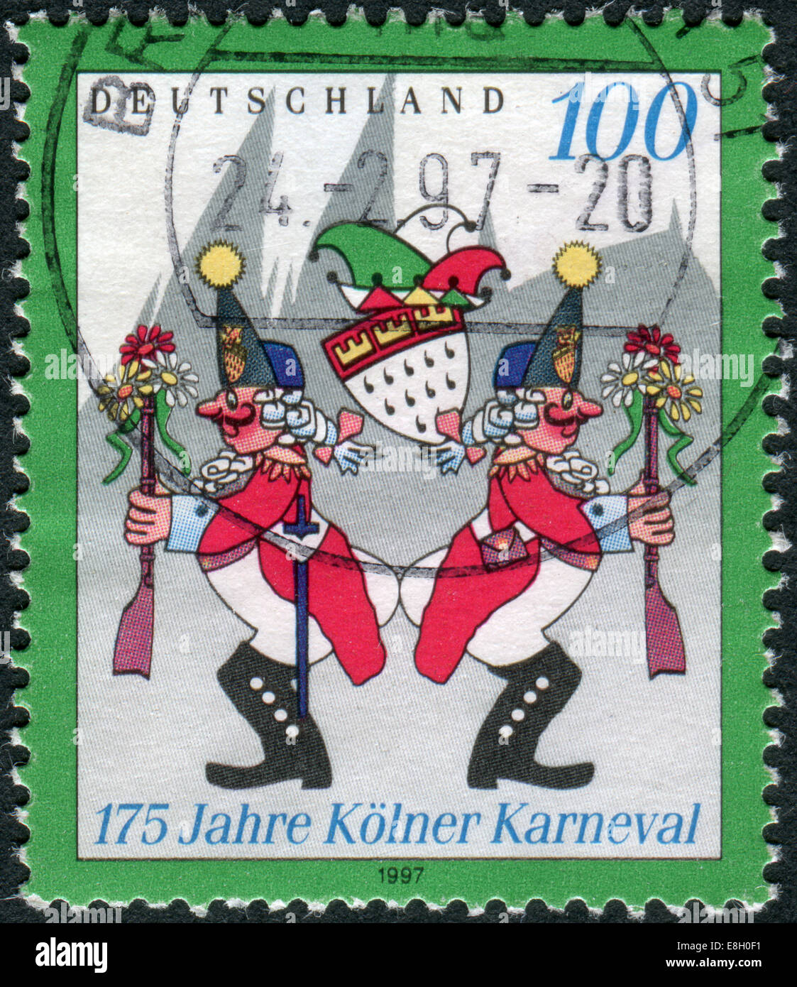 Briefmarke gedruckt in Deutschland, gewidmet dem 175. Jahrestag des Kölner Karnevals, zeigt Karnevalisten auf die "Wibbeln" Stockfoto