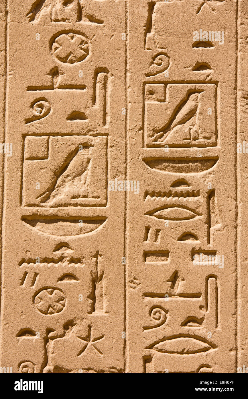 Ägypten, Luxor, Karnak-Tempel, Hieroglyphen in Stein Panel eingestürzt Stockfoto