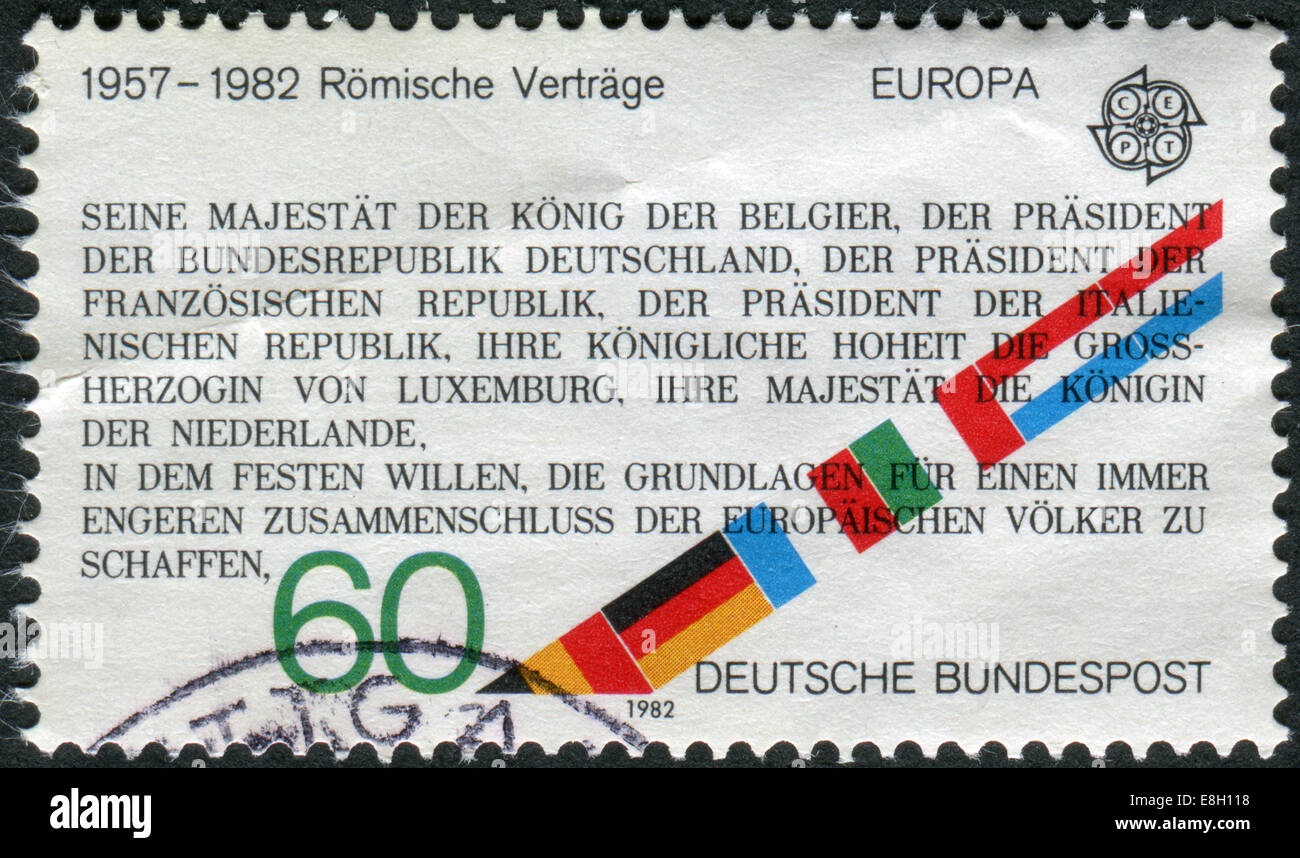 Briefmarke gedruckt in Deutschland, 25. Jahrestag des Vertrags zur Gründung der Europäischen Wirtschaftsgemeinschaft (Vertrag von Rom) Stockfoto