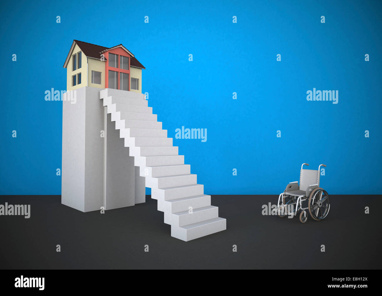 Wheekchair vor steilen Treppen Stockfoto