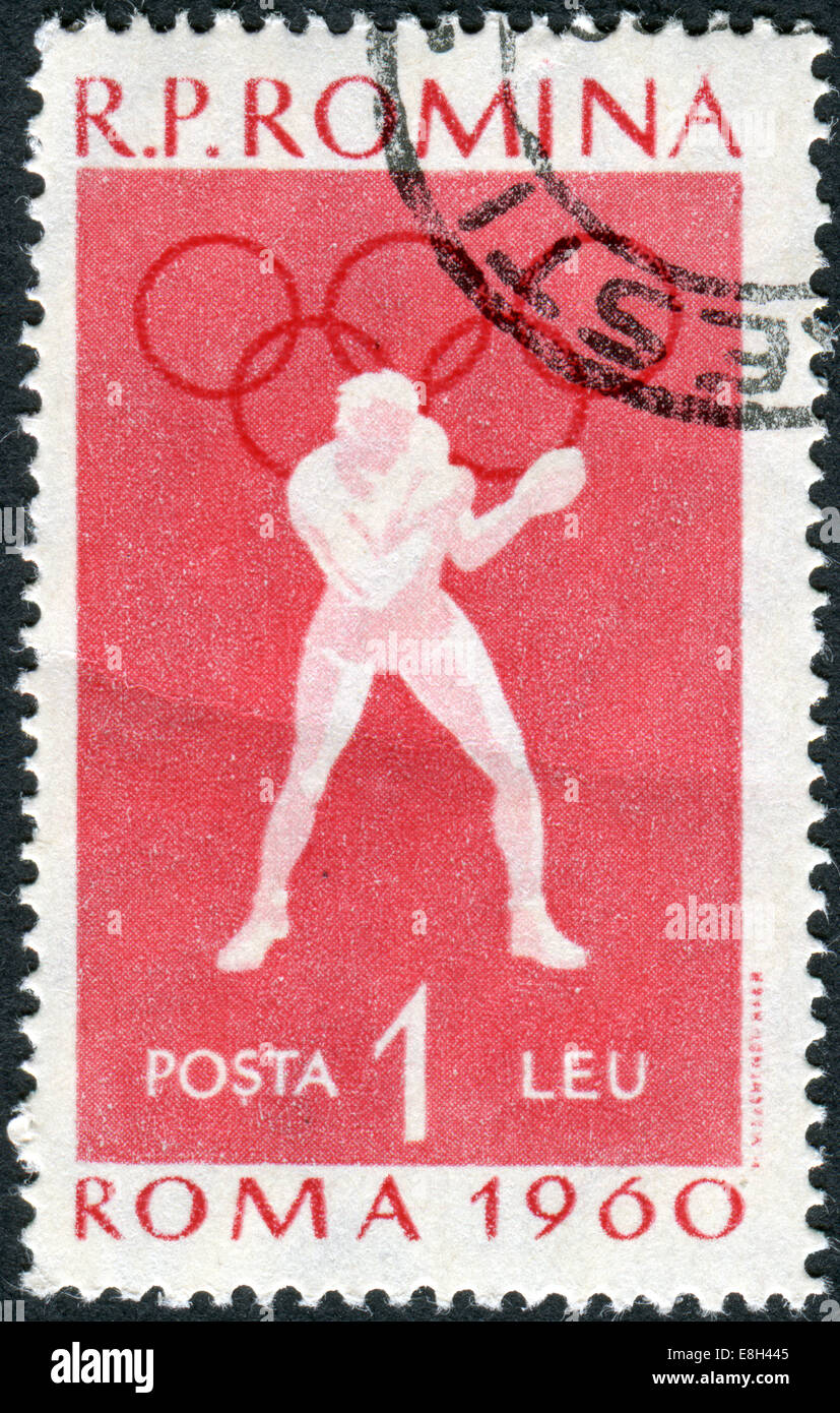 Rumänien - ca. 1960: Briefmarke gedruckt in Rumänien, gewidmet, Sommer Olympiade 1960, Rom, gezeigt, Boxen, ca. 1960 Stockfoto