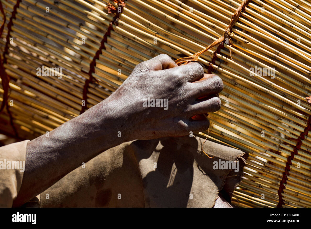 Ein Mann fesselt einen Knoten auf einem traditionellen Fisch Falle handgewebte in Sambias Bangweulu Feuchtgebiete Stockfoto