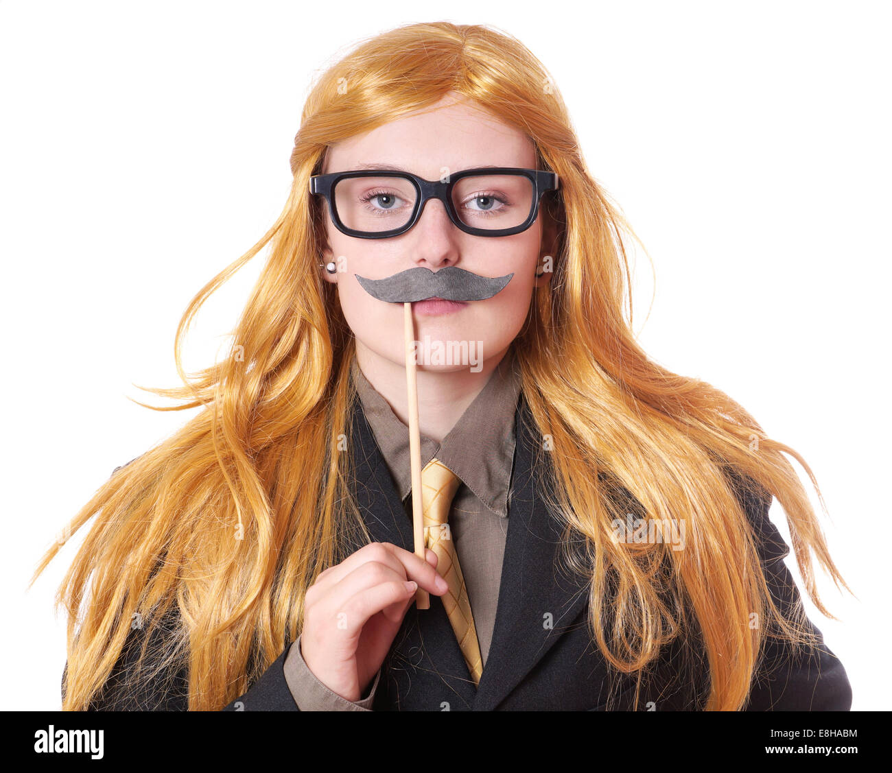 junge Frau mit falschen Schnurrbart als Mann verkleidet Stockfoto
