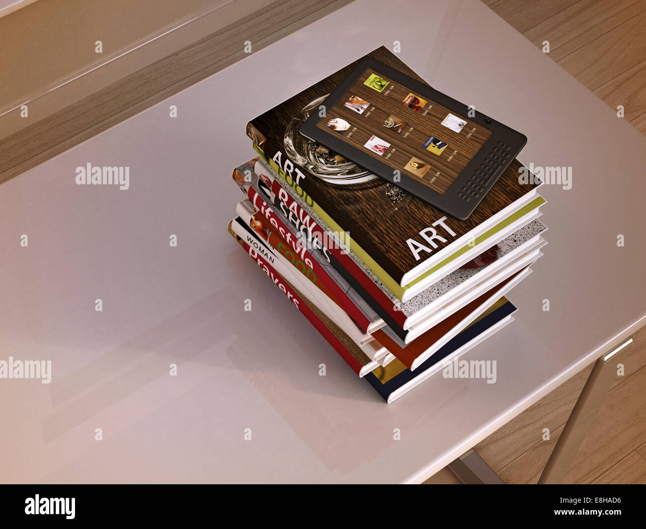 E-Reader und Stapel Bücher auf dem Tisch, 3D Rendering Stockfoto