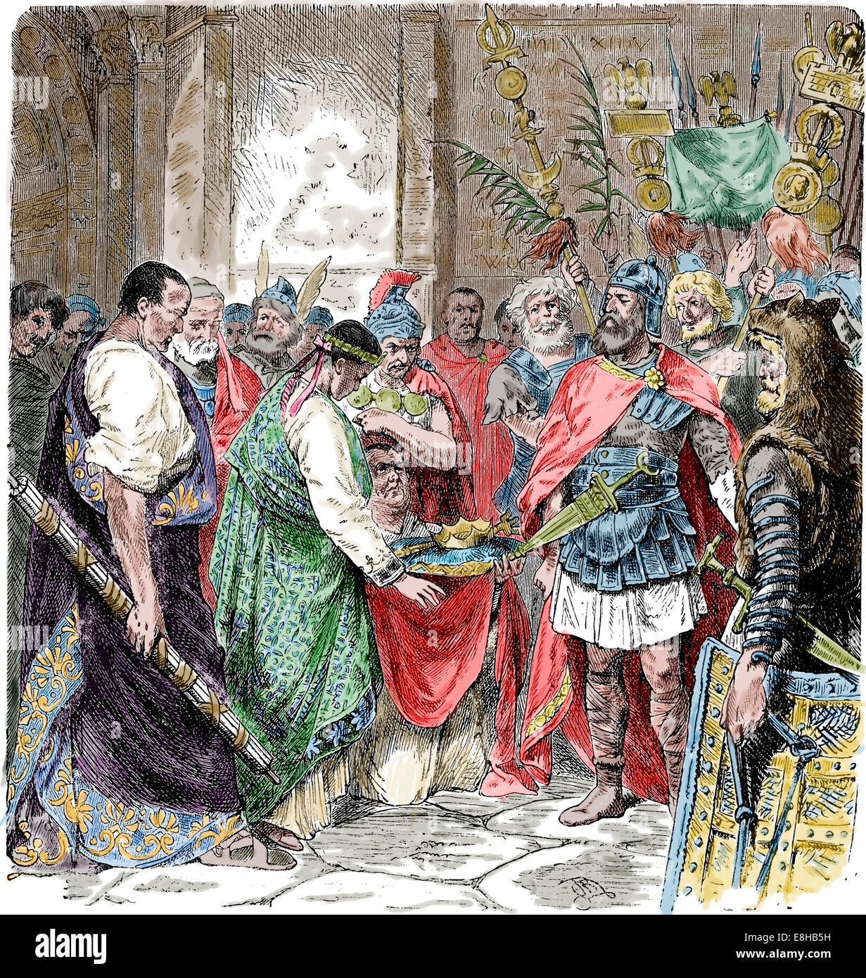 Der römische Kaiser Augustulus(460-476) wird abgesetzt von der Krone von Odoacer (433-493). Stockfoto