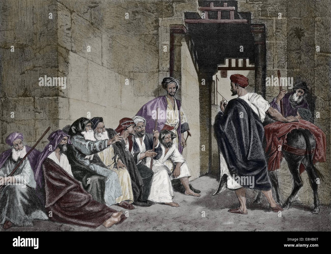 Palästinensischen. Bethlehem. In der Kloster-Türen. Kupferstich von A. Bida. Künstlerische Darstellung, 1885. Veröffentlicht in Spanien. Stockfoto