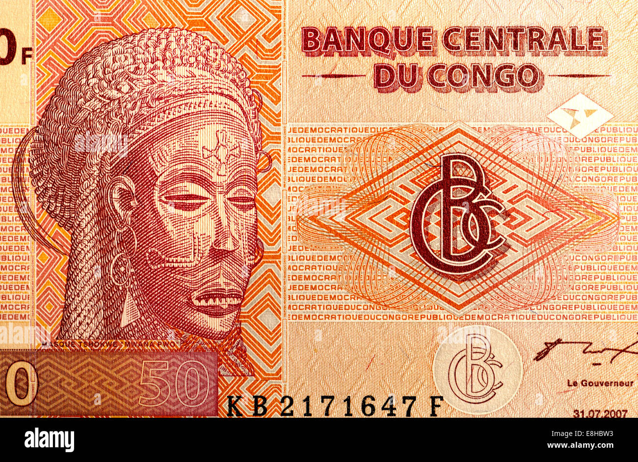 Detail aus Kongo 50F Banknote zeigt Tshokwe Maske "Mwana Pwo" Stockfoto