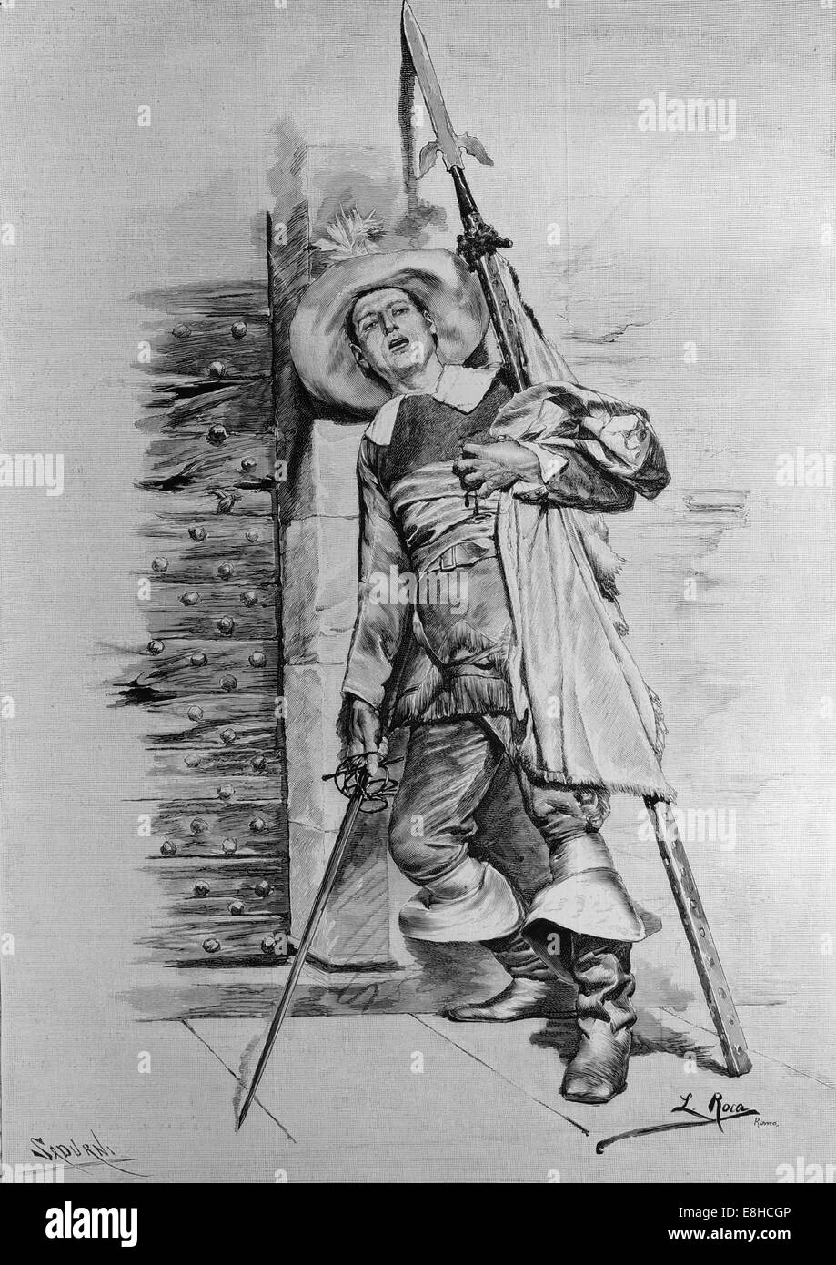 Patriotisch. Soldat. Zeichnung von L. Roca. Kupferstich von Sardurni. Künstlerische Darstellung, in spanischer Sprache, 1885 veröffentlicht. Stockfoto