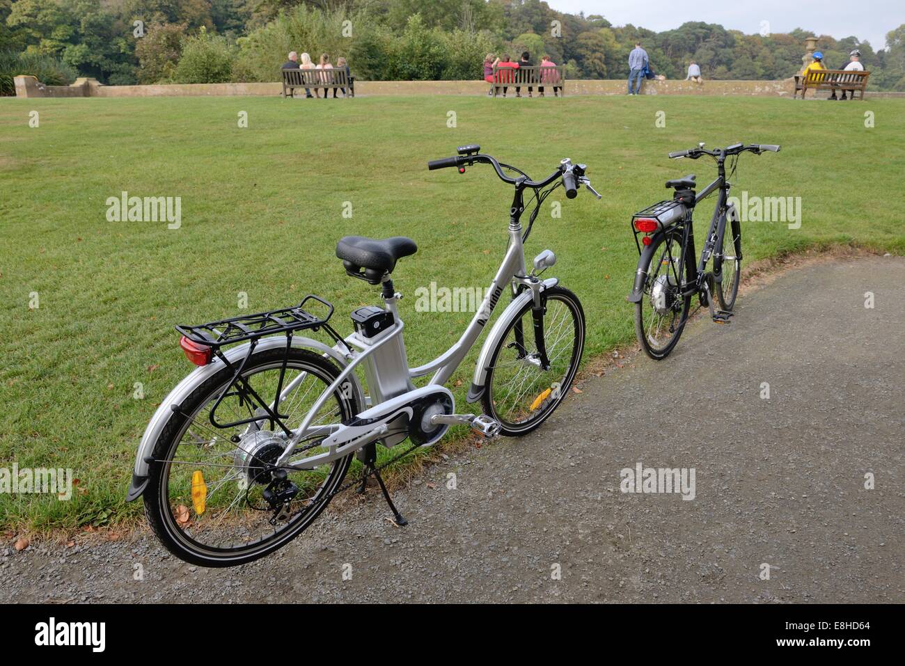 Ein paar der assistierten Pedal Elektrofahrräder im Country park Stockfoto