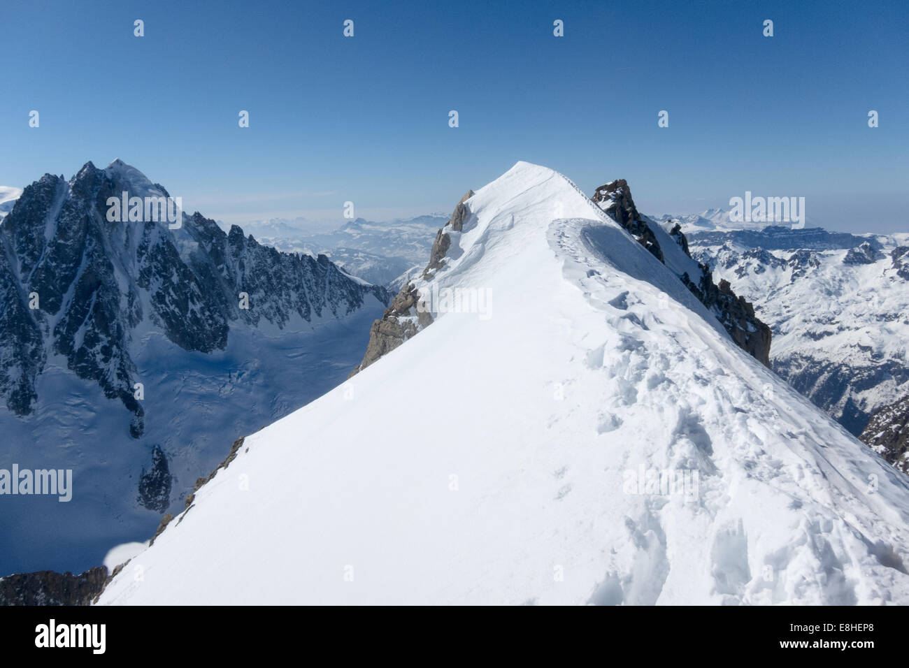 Auf dem Gipfel Aiguille Argentiere, Argentiere, Chamonix-Mont-Blanc, Frankreich Stockfoto