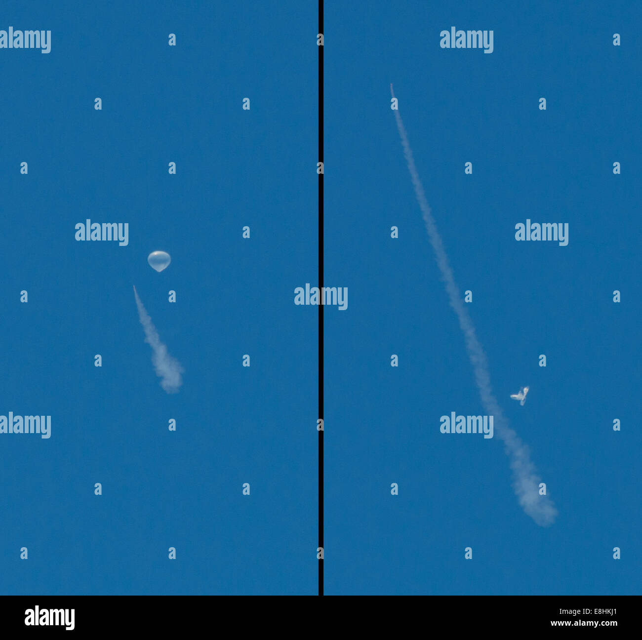 Das Testfahrzeug für den Low-Density Supersonic Decelerator (LDSD) der NASA, das vor und nach seinem ballongestützten Start im Jet Propulsion Laboratory in Kaua'i gesehen wurde, zielt darauf ab, Technologien für die Landung auf dem Mars und anderen Planetenkörpern zu testen. Stockfoto