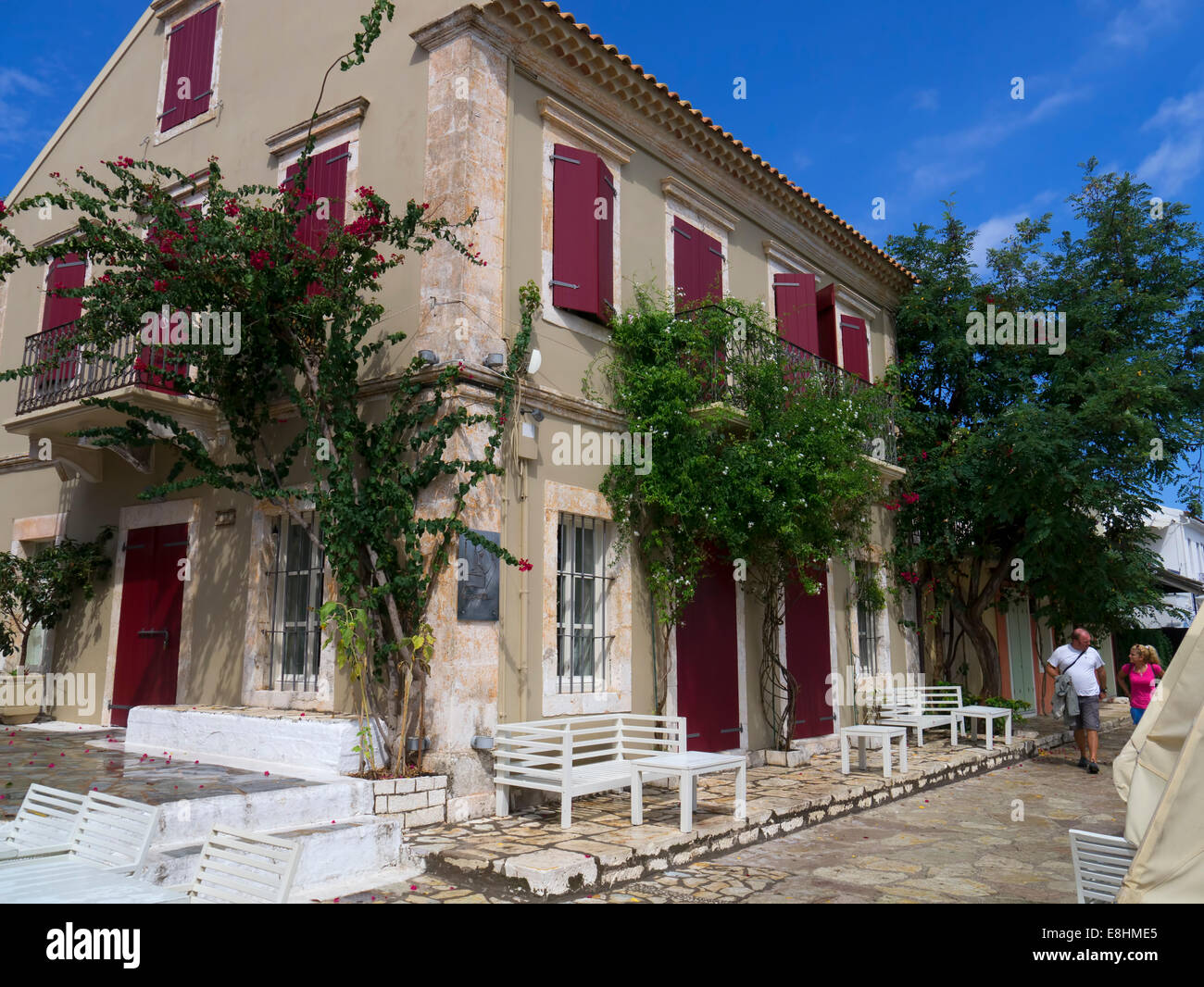 Eine traditionelle Fischerhaus in das historische Dorf Fiscardo auf die Insel Kefalonia in Griechenland Stockfoto