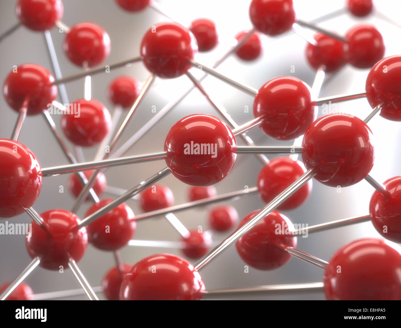 Molekulare Struktur mit roten Kugeln mit Schärfentiefe miteinander verbunden. Stockfoto