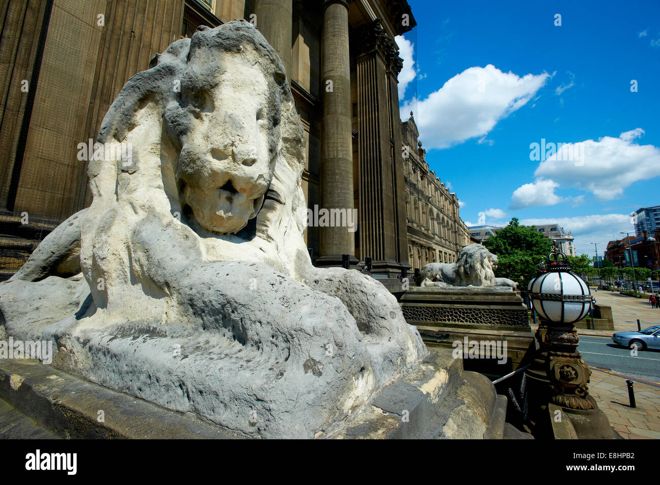 Stein geschnitzten Löwen außerhalb Leeds Town Hall, Leeds, West Yorkshire, Großbritannien. Stockfoto