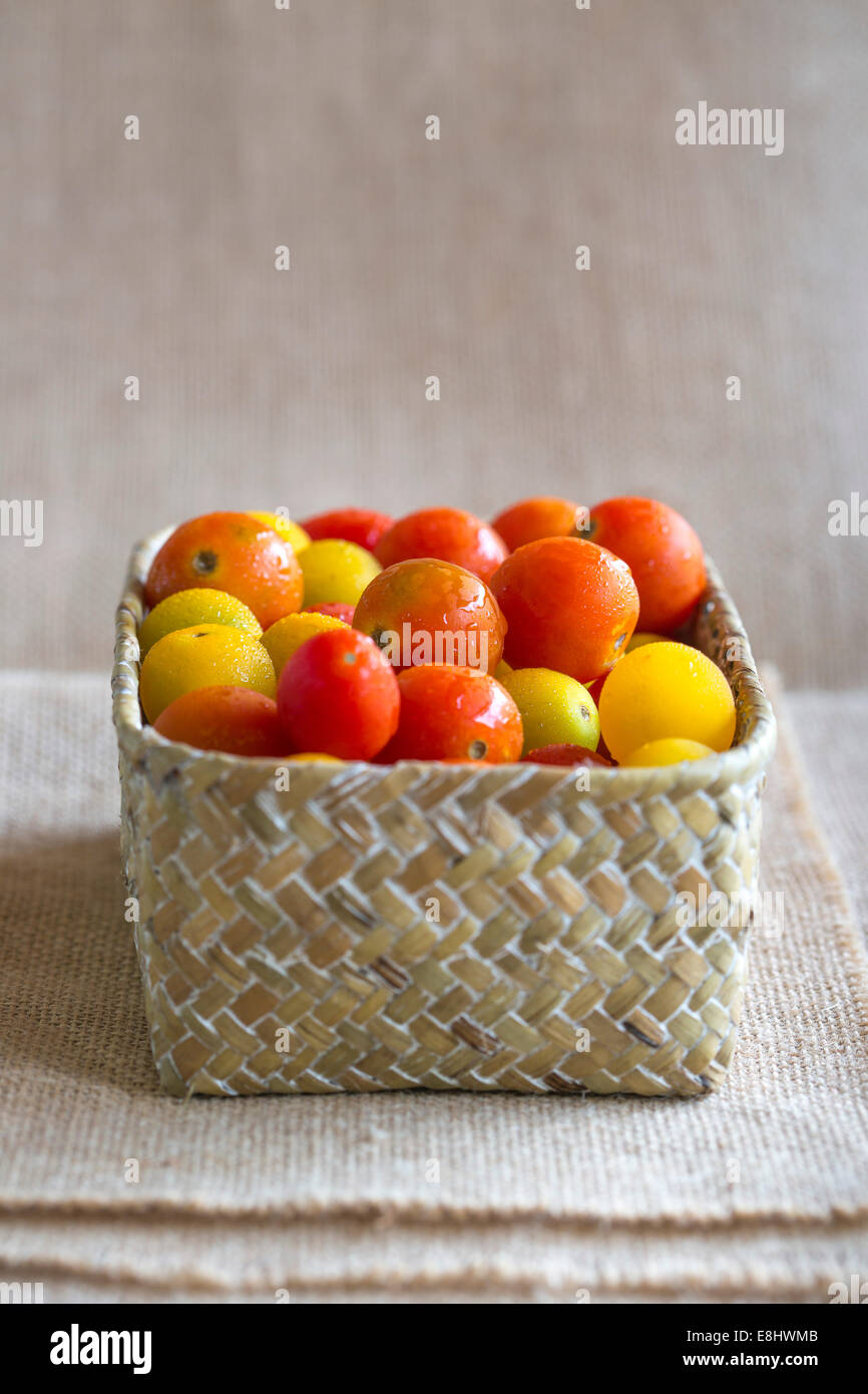 saftige rote und gelbe Kirschtomaten in geflochtenen Korb Creme Tuch Hintergrund Stockfoto