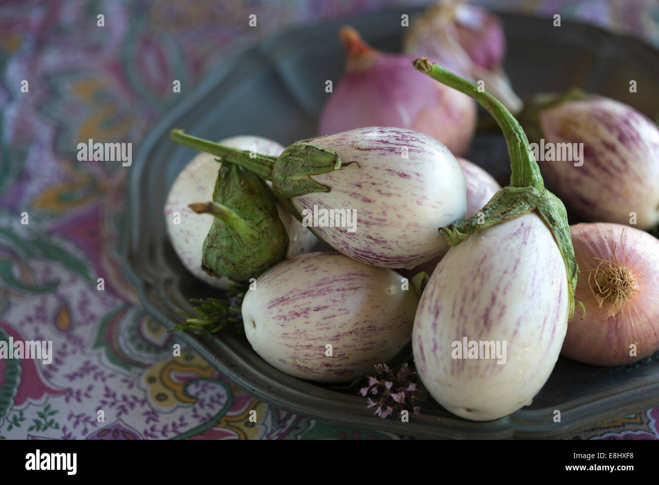 Nahaufnahme von vergoldeten weißen Auberginen mit lila feine Streifen gegen lila floral Tischdecke Stockfoto