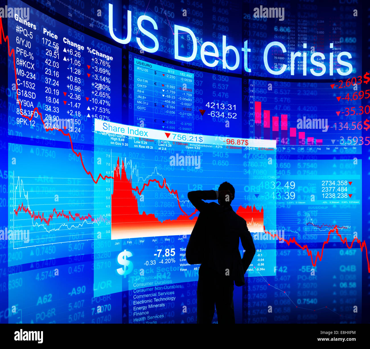Silhouette der Geschäftsmann und US-Schulden-Krise-Konzept Stockfoto