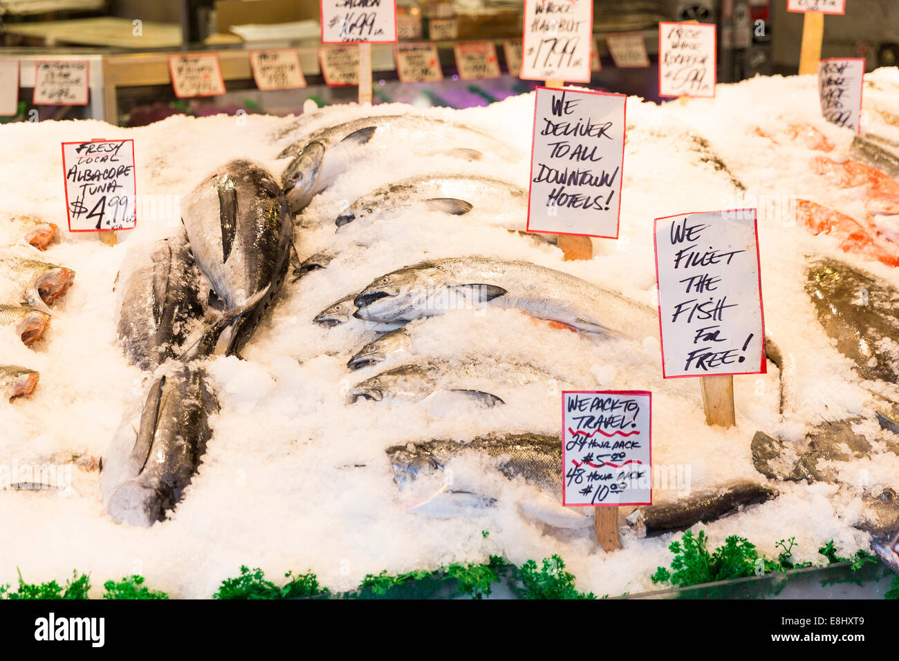 Wild gefangenen Fisch auf dem Display auf die Welt berühmte Pike Place Fish Market stehen Public Market Center, Seattle, Washington, USA Stockfoto