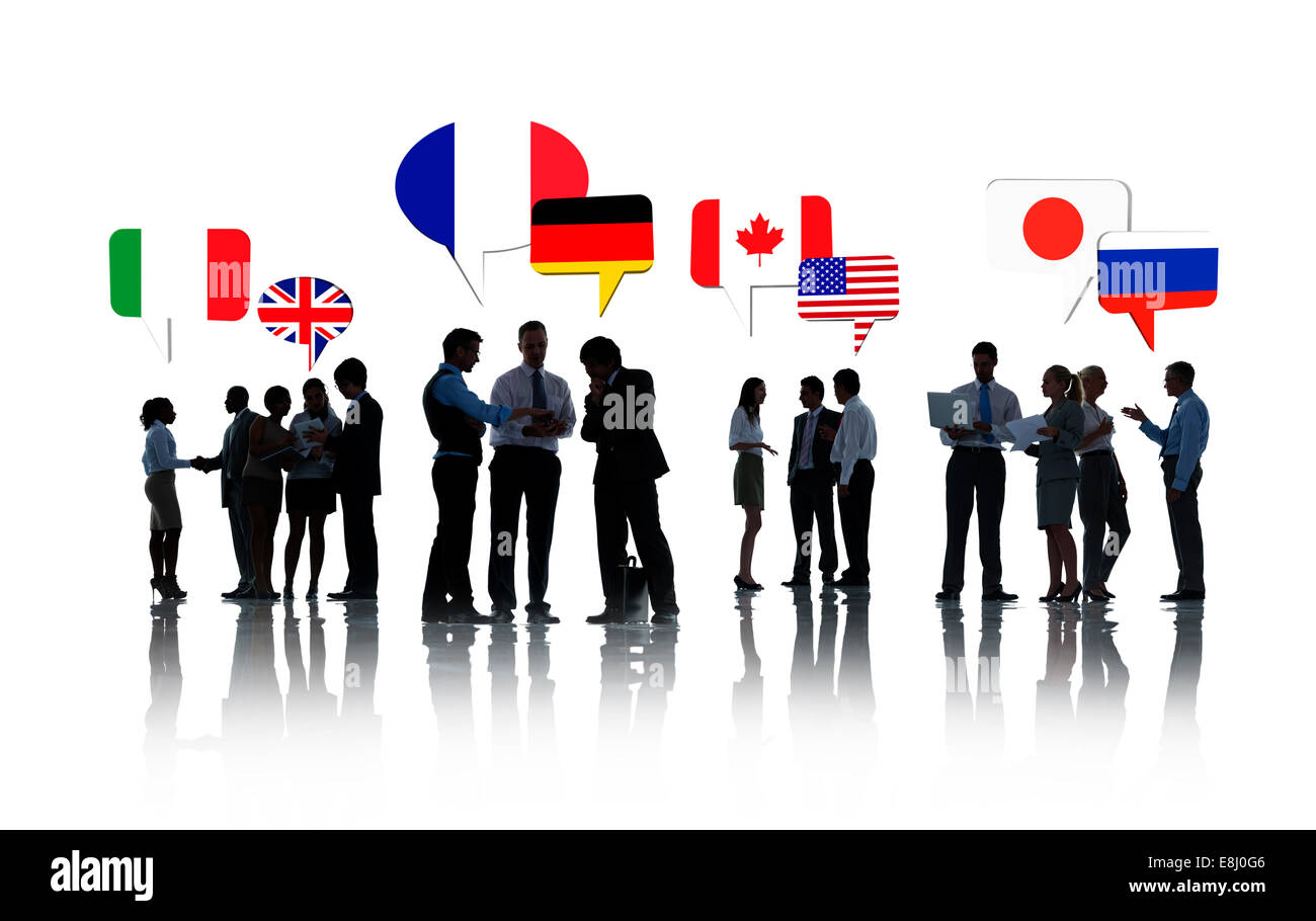 Gruppe von internationale Geschäftsleute sprechen etwa Euro In einen weißen Hintergrund Stockfoto