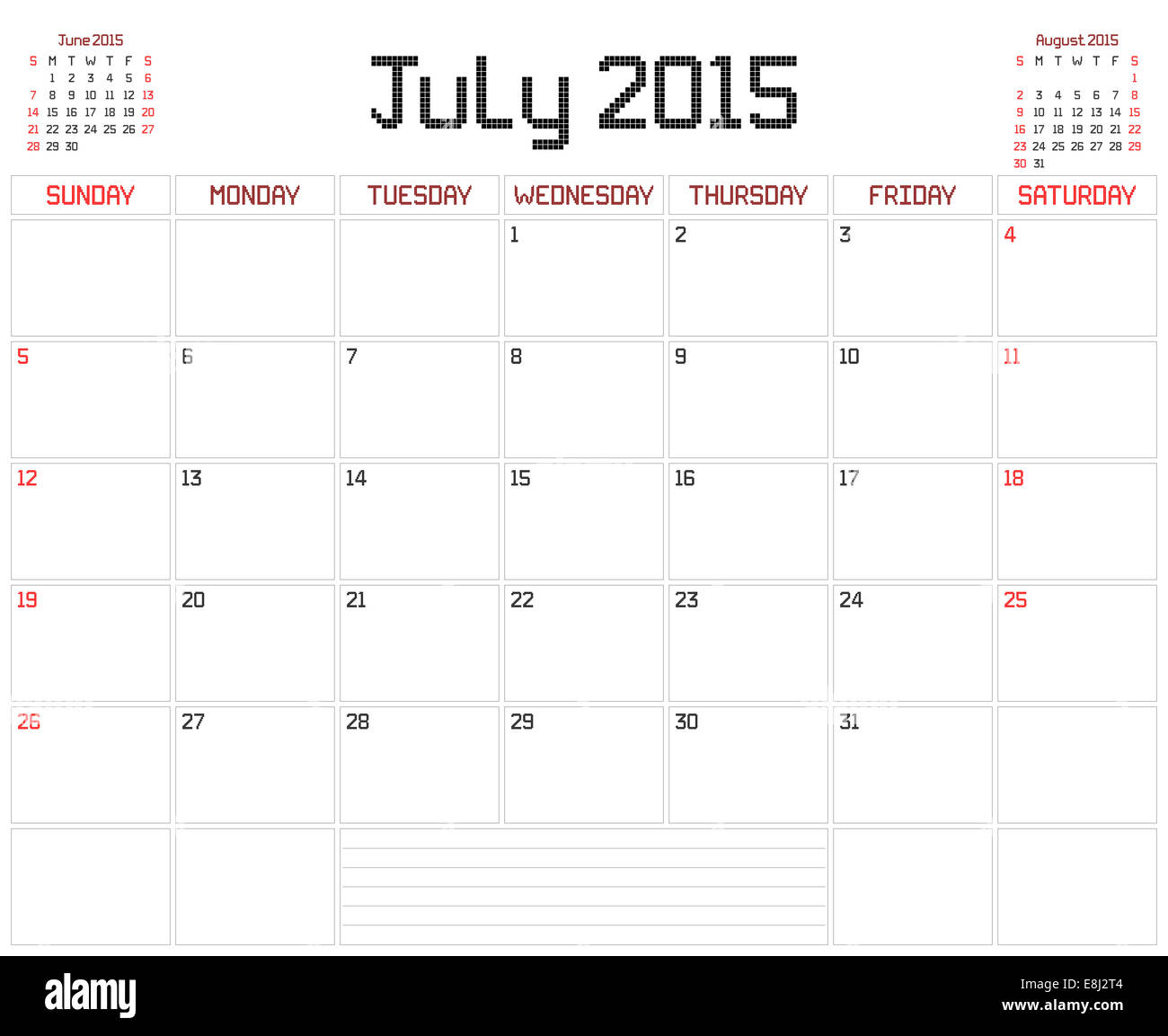 Ein Planer Monatskalender für Juli 2015 auf weiß. Ein quadratische  Pixel-Stil dient Stockfotografie - Alamy