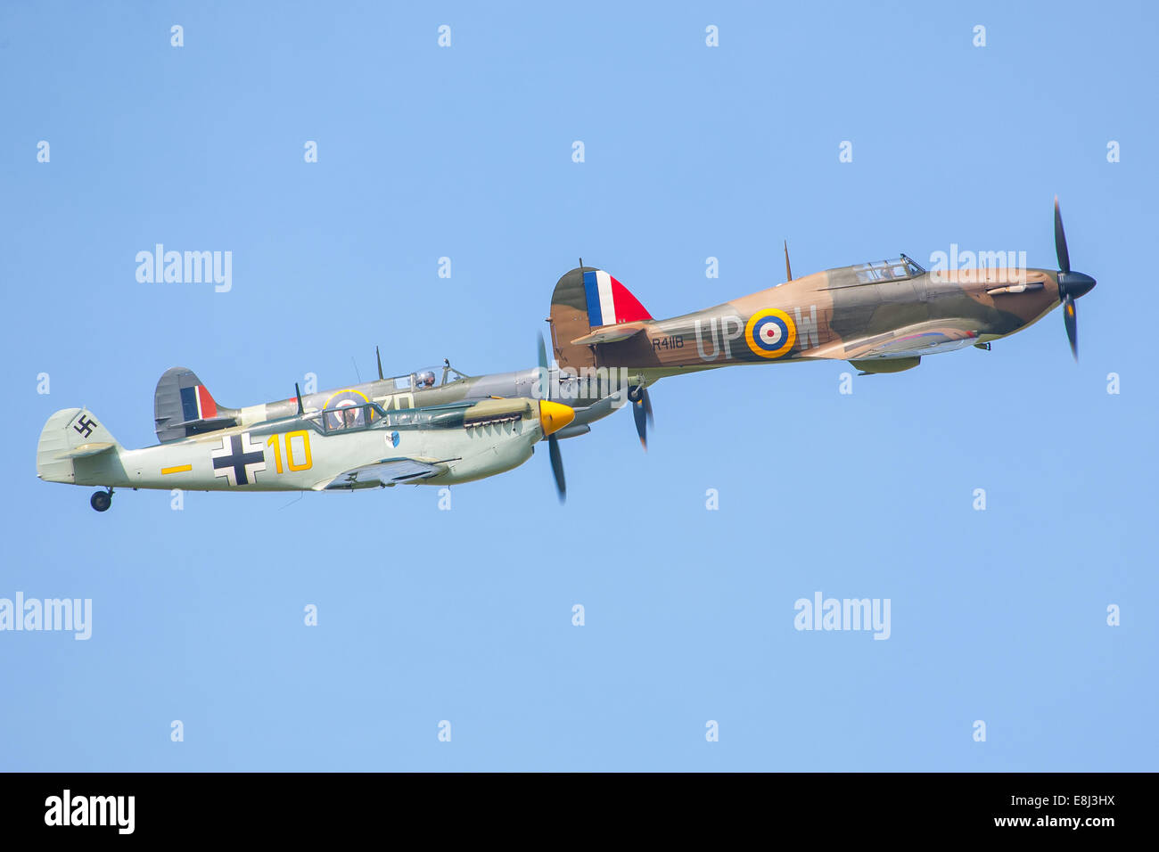 Spitfire, Messerschmitt und Hurricane anzeigen am Goodwood Revival 2014, West Sussex, UK Stockfoto