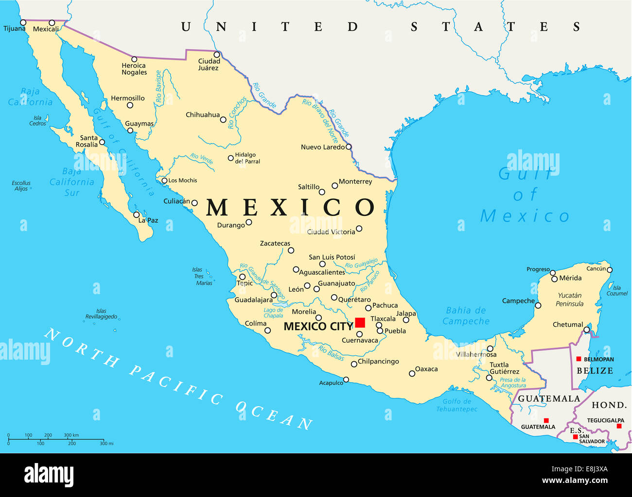 Politische Karte von Mexiko mit Hauptstadt Mexiko-Stadt, Landesgrenzen, die wichtigsten Städte, Flüsse und Seen. Englisch beschriften. Stockfoto