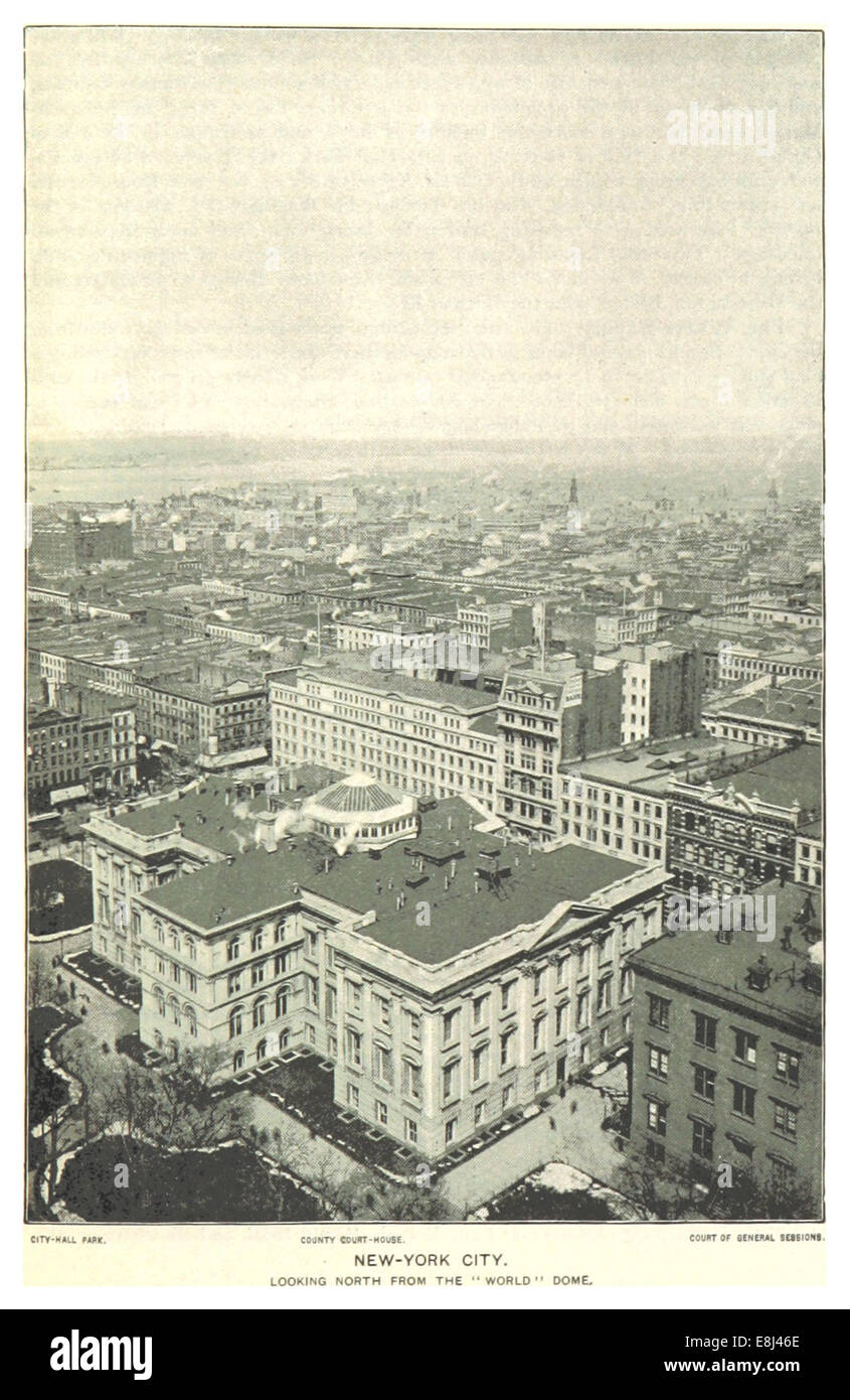 Diese Illustration aus dem Jahr 1893 aus dem Buch von King's New York City bietet einen Panoramablick auf New York City vom World Dome aus und zeigt die berühmte Skyline und architektonische Entwicklung der Stadt während des späten 19. Jahrhunderts. Stockfoto