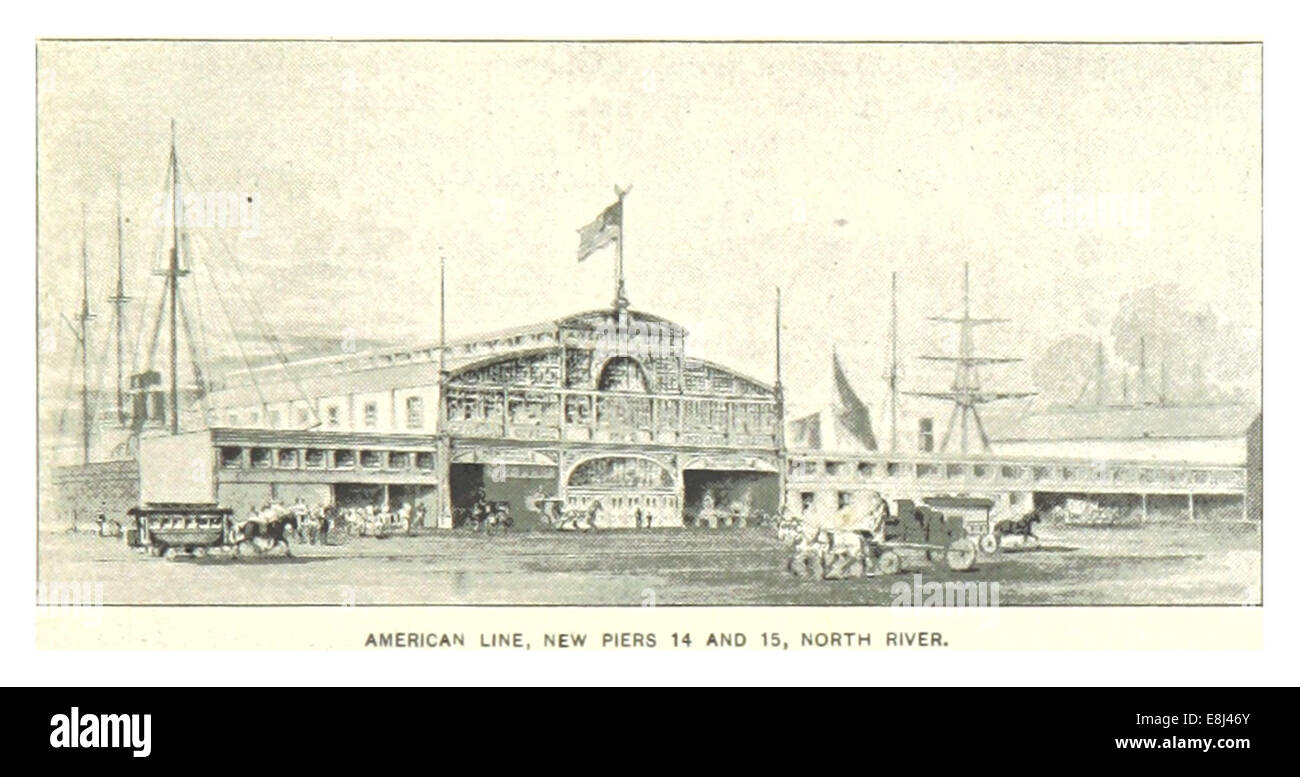 Dieser Entwurf aus der Serie King aus dem Jahr 1893 zeigt die neuen Piers 14 und 15 der American Line entlang des North River in New York City. Die Abbildung zeigt die geschäftige maritime Infrastruktur, die für die amerikanische Schifffahrtsindustrie damals von entscheidender Bedeutung war. Stockfoto