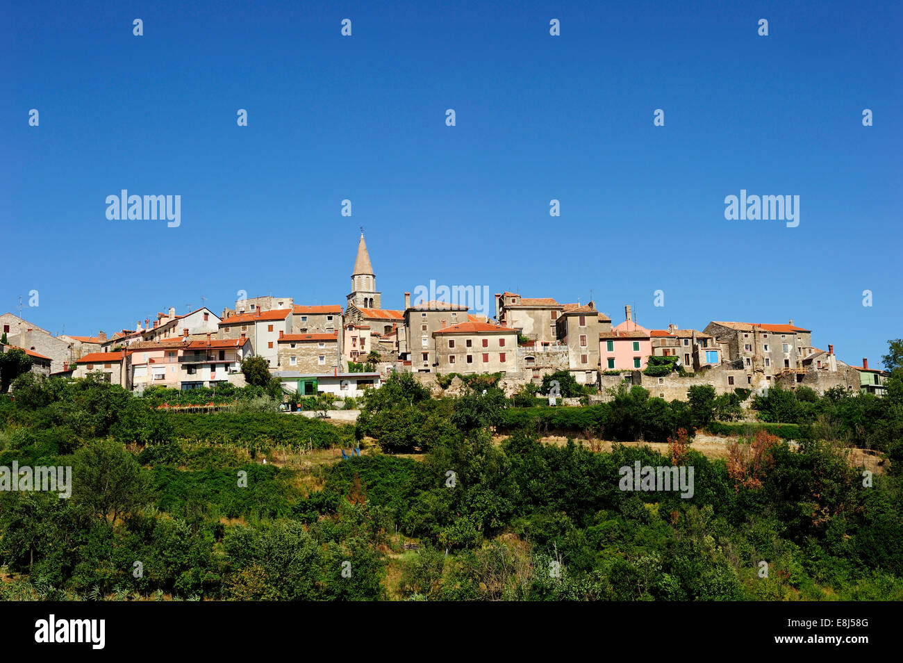 Kleine Stadt liegt auf einem Hügel, Motovun, Istrien, Kroatien Stockfoto