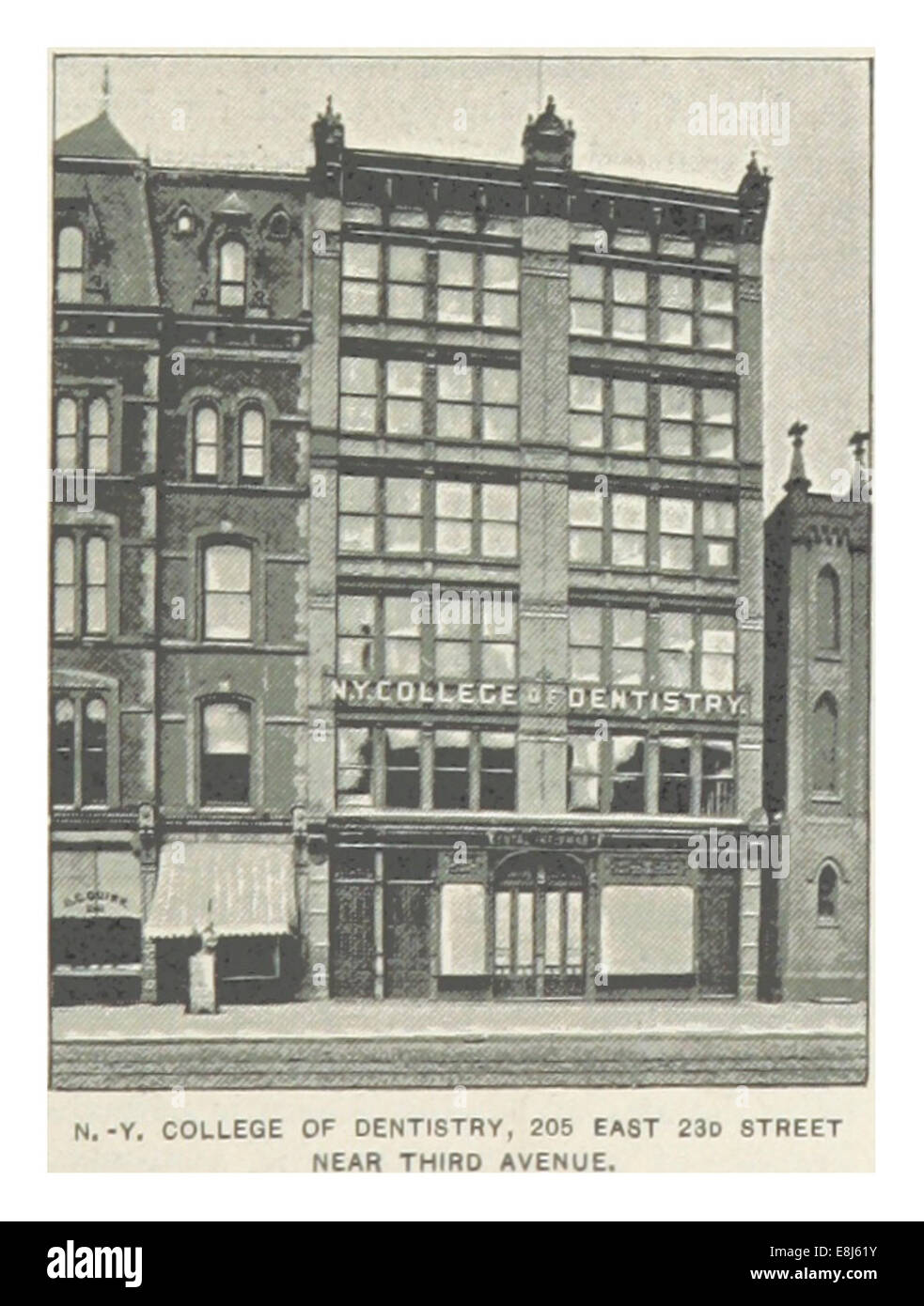 Eine Illustration aus dem Jahr 1893, die das New York College of Dentistry in der 205 East 230th Street in der Nähe der Third Avenue zeigt und seine Rolle in der amerikanischen Zahnarztausbildung widerspiegelt. Stockfoto