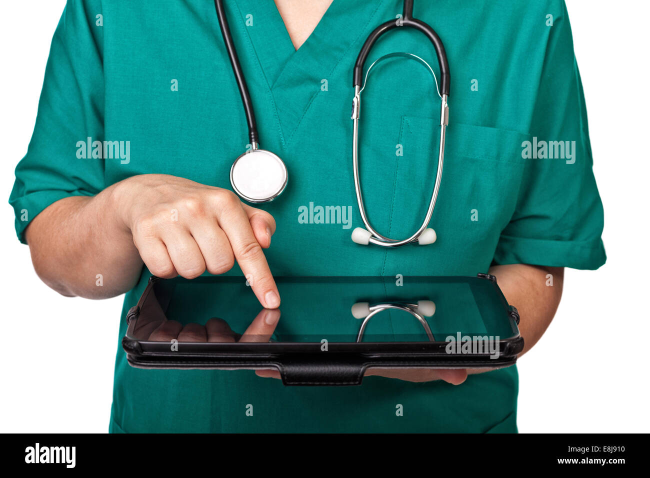 Arzt mit Tablet isoliert auf weiss Stockfoto