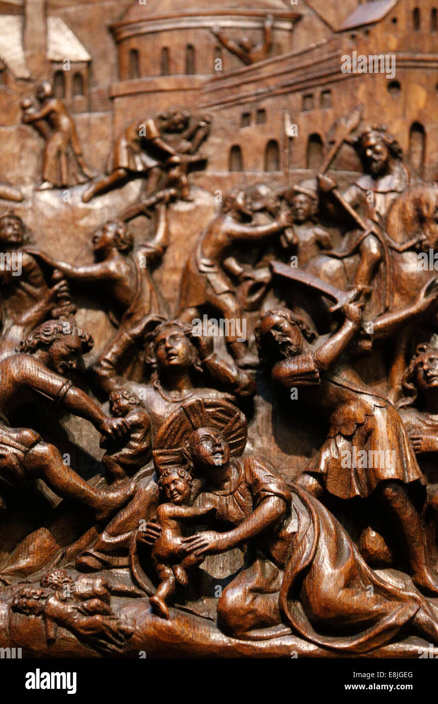 Das Massaker der unschuldigen Kinder.  Holz-Skulptur. 17. Jahrhundert.  Sainte-ƒlisabeth-de-Hongrie Kirche. Stockfoto