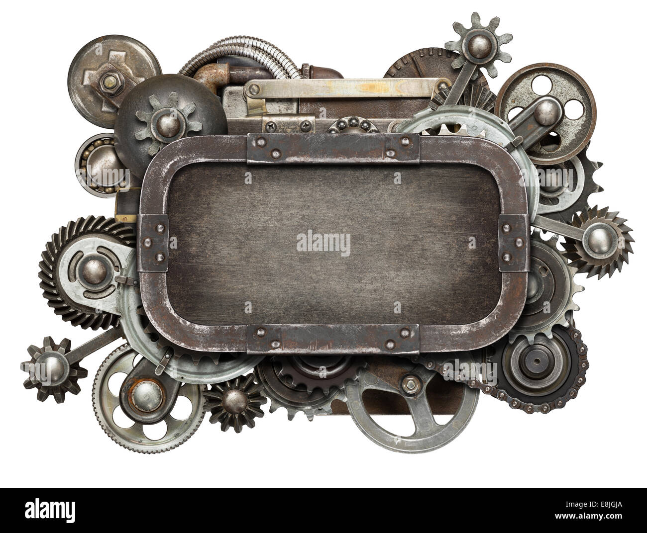 Stilisierte mechanische Collage. Hergestellt aus Metallgetriebe und Texturen. Stockfoto