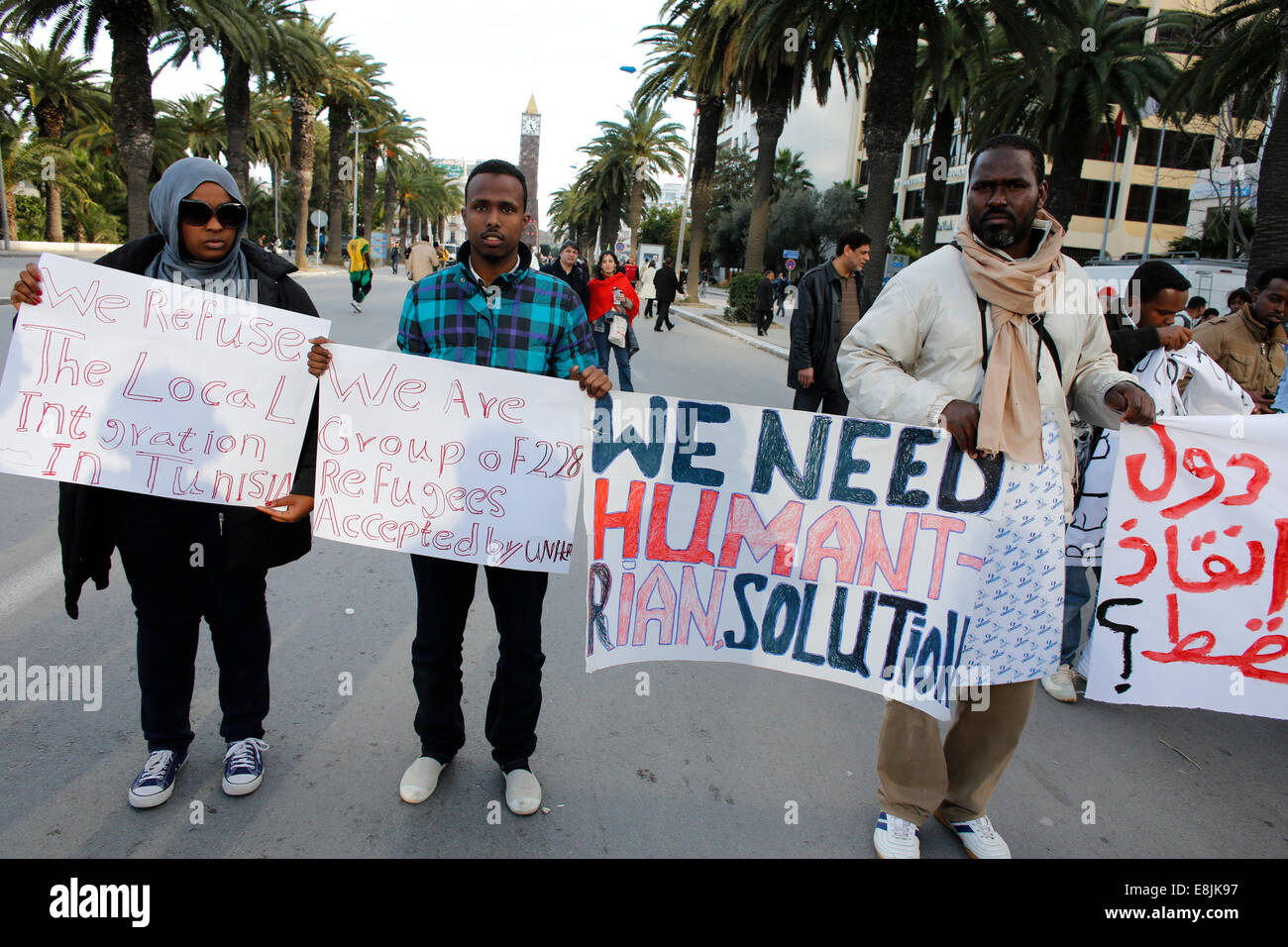 Afrikanische Asylbewerber in Choucha Camp demonstrieren in Tunis Stockfoto