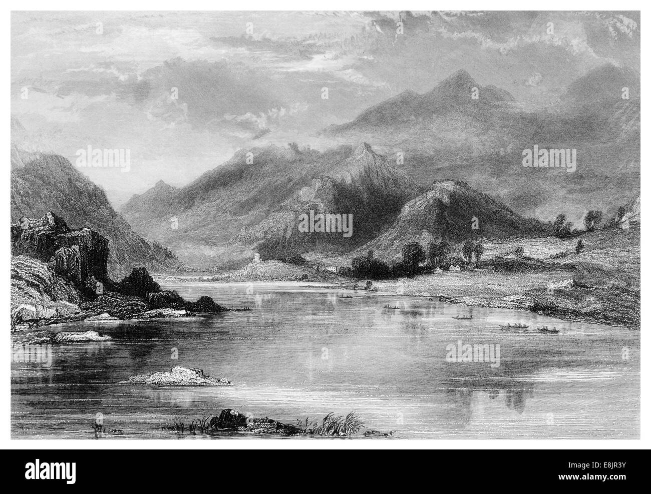 Llanberis Dorf Gwynedd, Nordwales Südufer See Llyn Padarn Fuß Snowdon, Wales.Snowdonia, Yr Wyddfa um 1840 Stockfoto
