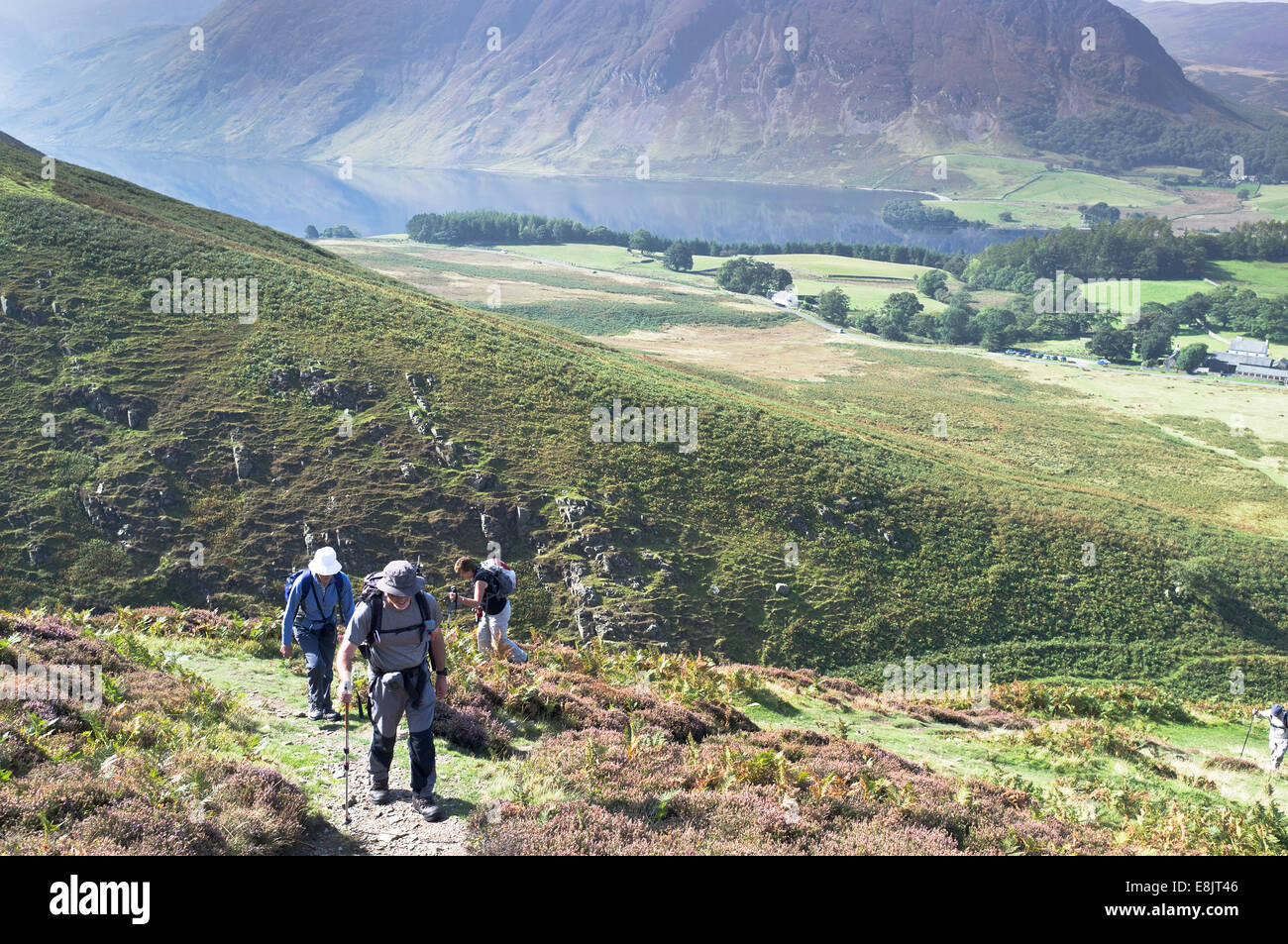 dh Crummock Water BRACKENTHWAITE LAKE DISTRICT Wanderer aufsteigend Whiteside to Gasgale Crags Fußweg Wanderer Ältere wanderer der britischen Wandergruppe cumbria wandern Stockfoto