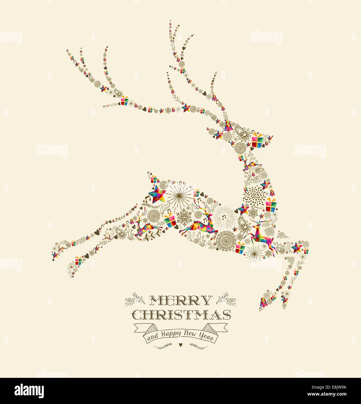 Frohe Weihnachten und ein glückliches Neujahr Grußkarte. Rentier-Form in Vintage-retro-Stil Abbildung springen. EPS10 Vektor-Datei Stockfoto