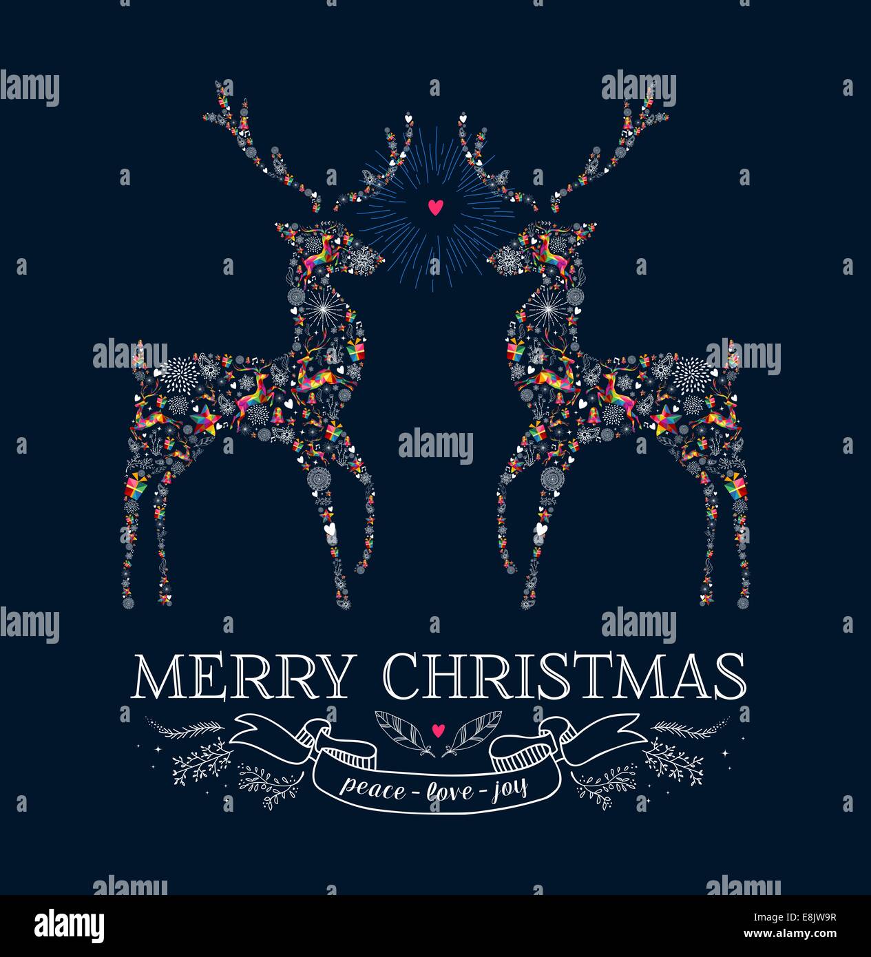 Frohe Weihnachten-Grußkarte. Rentiere Form in Liebe Vintage Illustration. EPS10 Vektor-Datei organisiert in Schichten zum einfachen bearbeiten Stockfoto