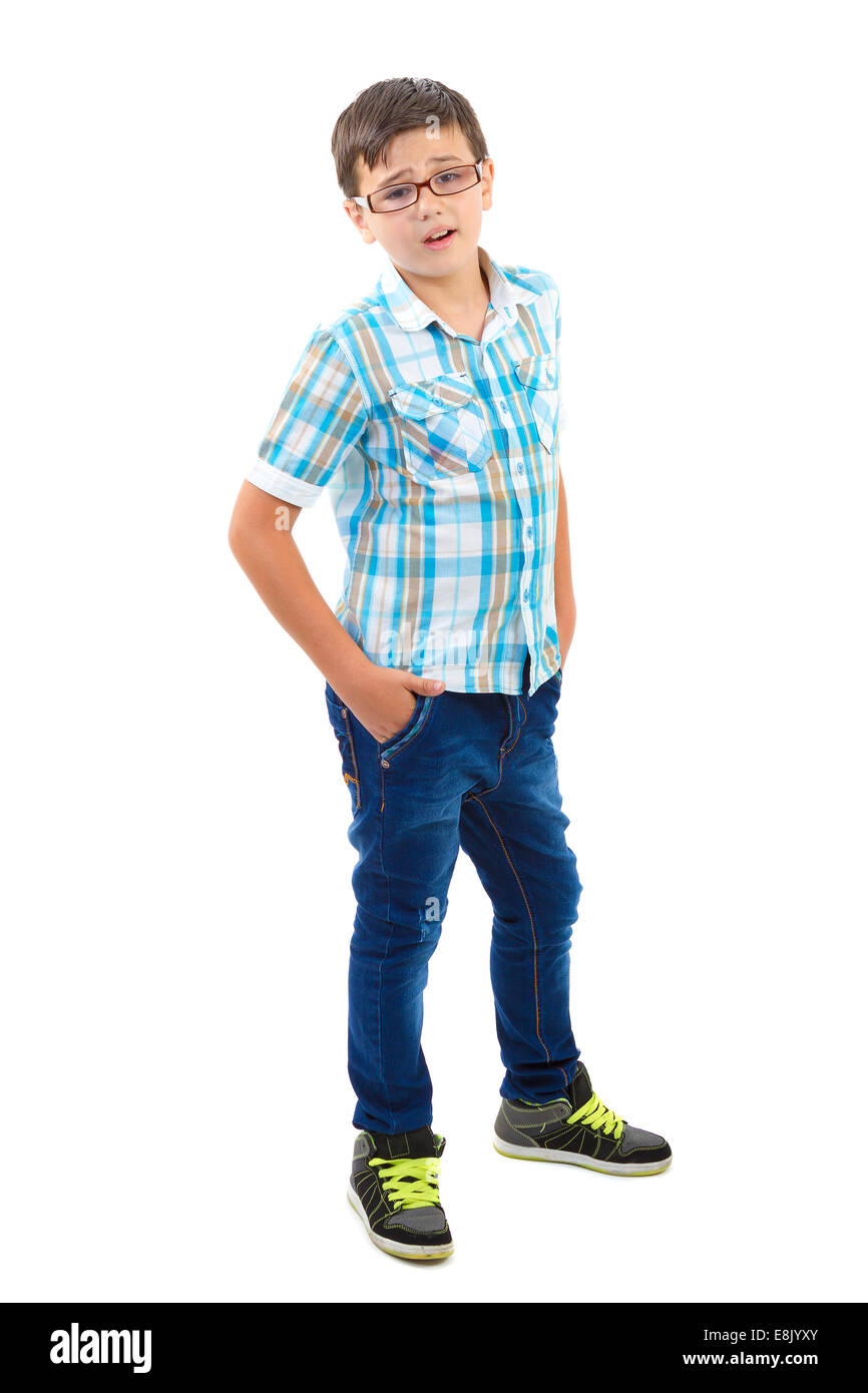 Porträt des kleinen Jungen isoliert auf weißem Hintergrund Stockfoto