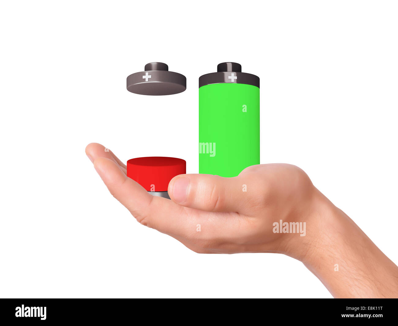 Bild von Hand halten Batteriesymbol mit bunten Ladezustand auf weißem Hintergrund Stockfoto