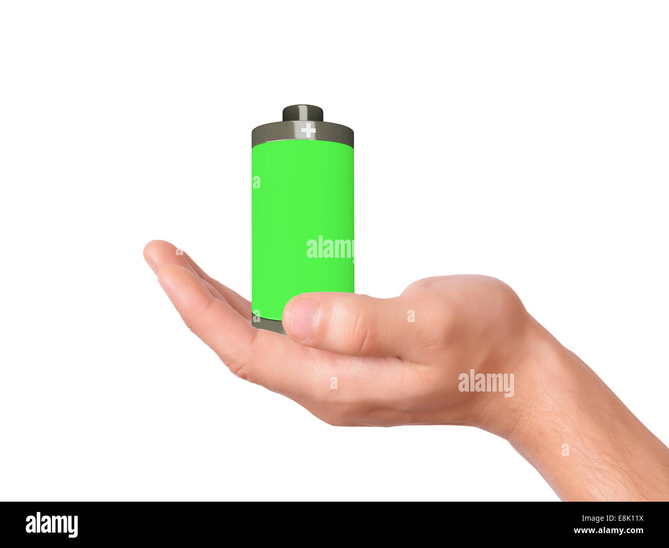 Bild von Hand mit vollem Akku 3d Symbol auf weißem Hintergrund Stockfoto