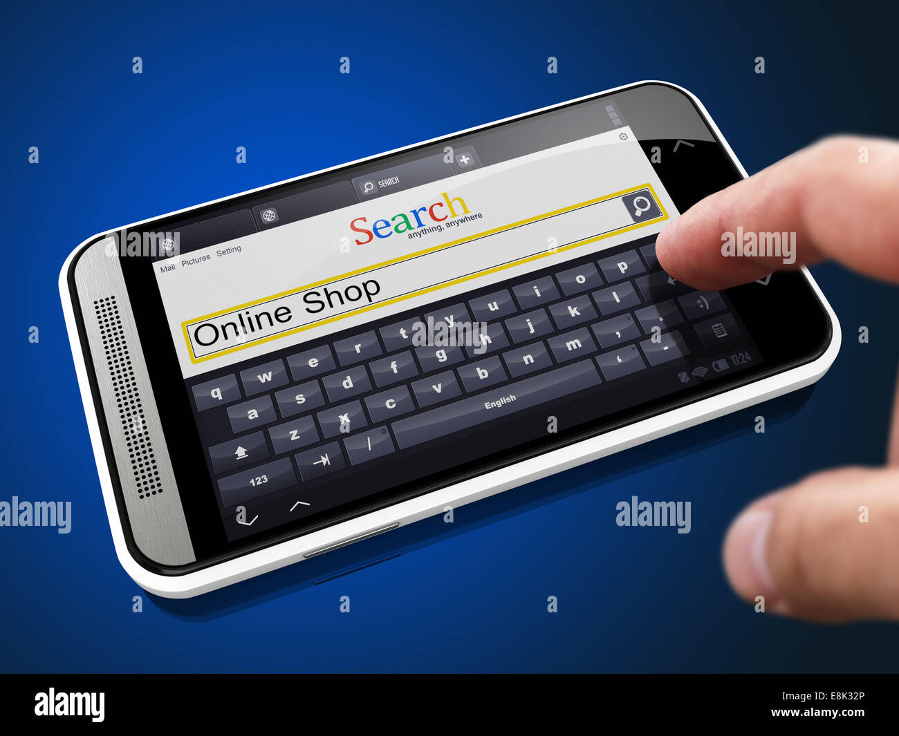 Online-Shop - Such-String auf Smartphone. Stockfoto