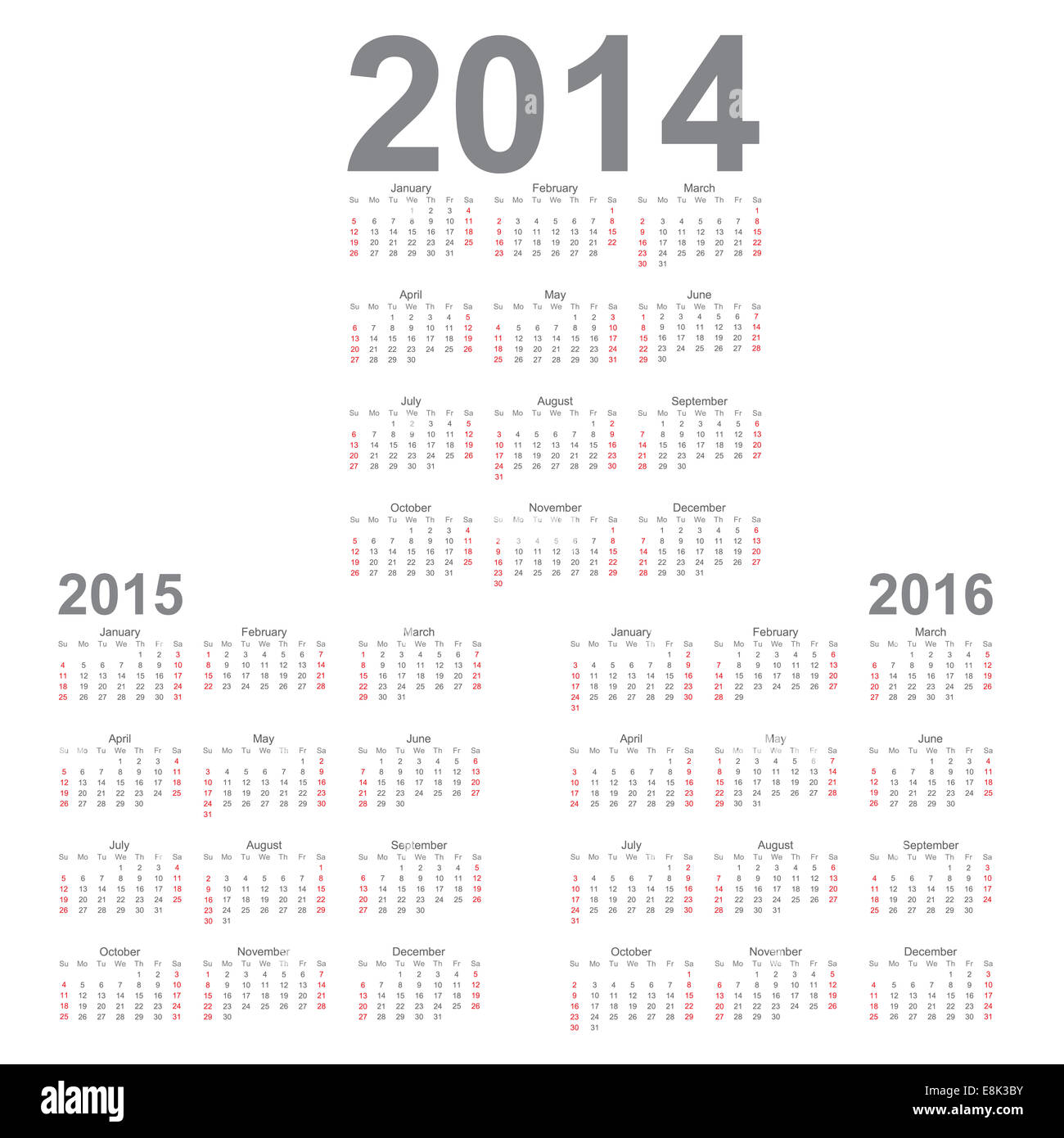 Einfache Kalender Jahr 2014, 2015, 2016, Vektor Stockfoto